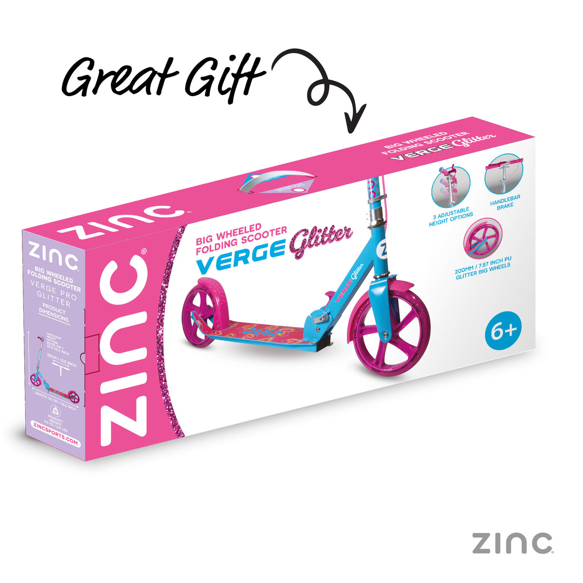 Zinc brand retail box for the Big Wheeled Folding Scooter 'Verge Glitter' on a white background, featuring a pink and white box design with an illustration of a blue and pink scooter. A handwritten 'Great Gift' label with an arrow is visible at the top.