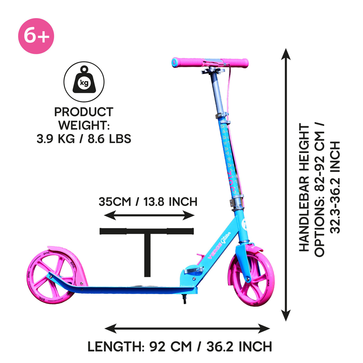 A blue and pink kick scooter shown on a white background with measurement callouts for length, handlebar height, and wheel diameter, plus a weight label and a pink '6+' badge.