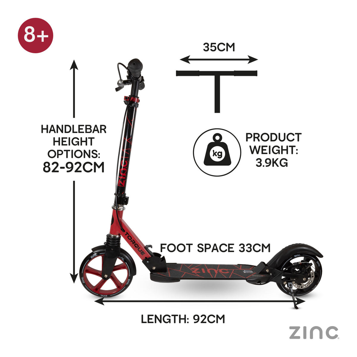 A red and black big wheel kick scooter shown on a white background with measurement callouts for handlebar height, foot space, length, and weight, plus an 8+ age badge and the brand name zinc.