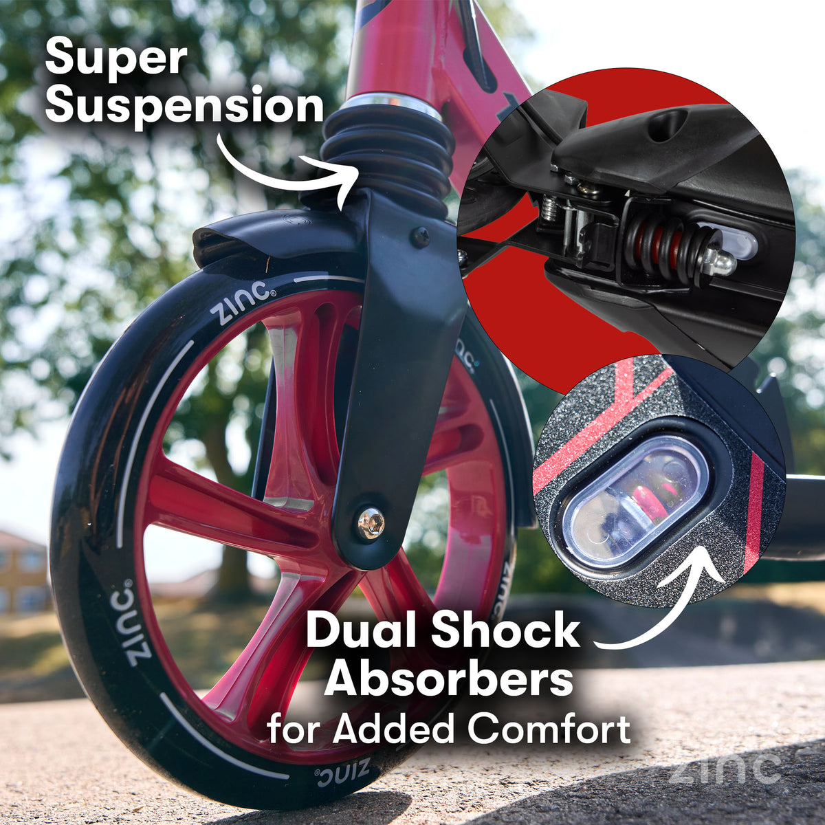 Close-up of a red and black zinc brand scooter wheel with text overlays highlighting 'Super Suspension' and 'Dual Shock Absorbers for Added Comfort,' plus circular inset detail views of the suspension and shock absorber.