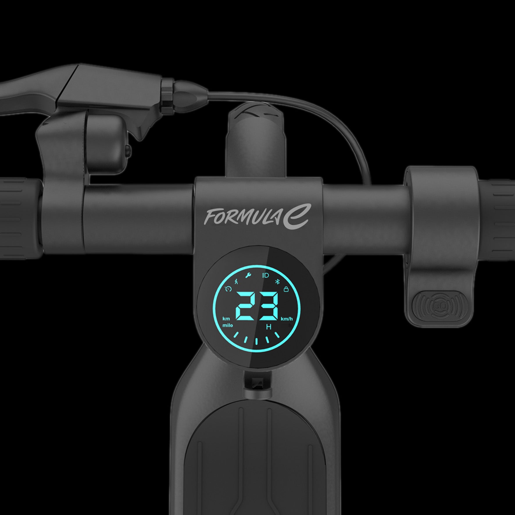 Electric scooter showing thumb throttle, LED display, and intelligent auto night lights with turn signals