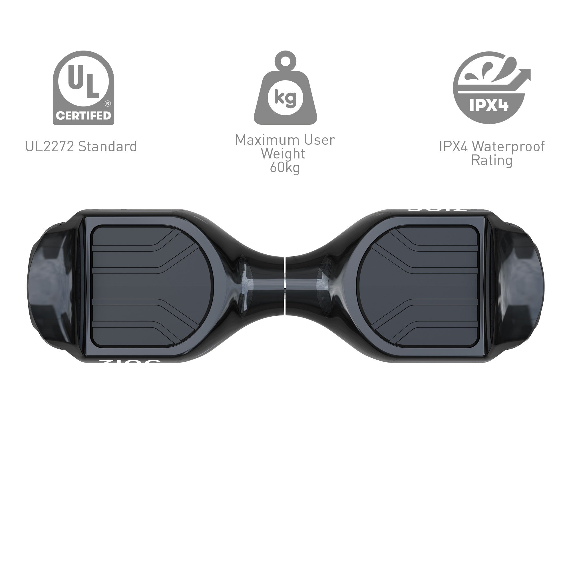Self balancing hoverboard platform showing foot pads and IPX4 waterproof rating for safe riding