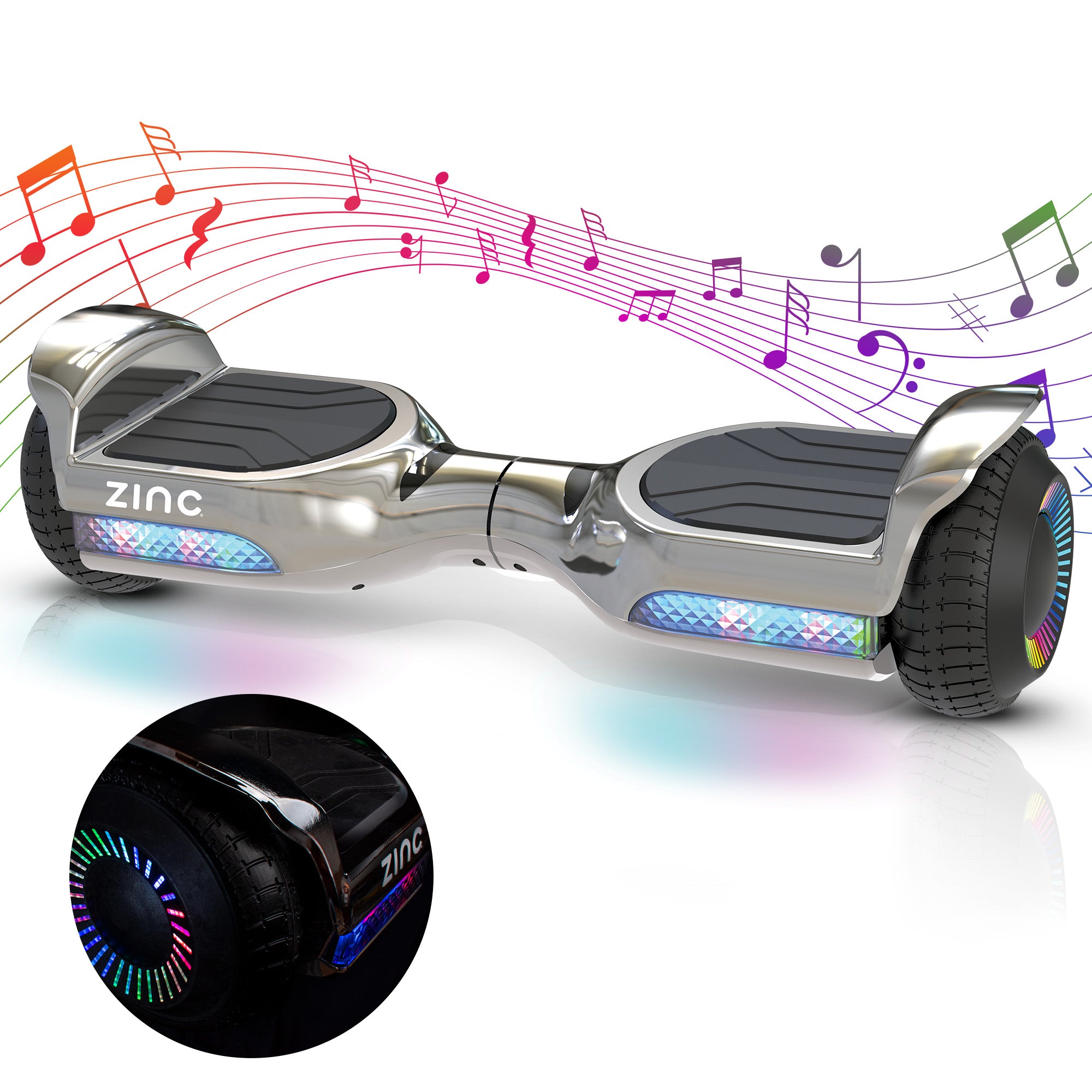 Zinc Megastar Self Balancing Chrome Hoverboard with bluetooth speaker, multi coloured LED lights  and 6.3 Inch wheels