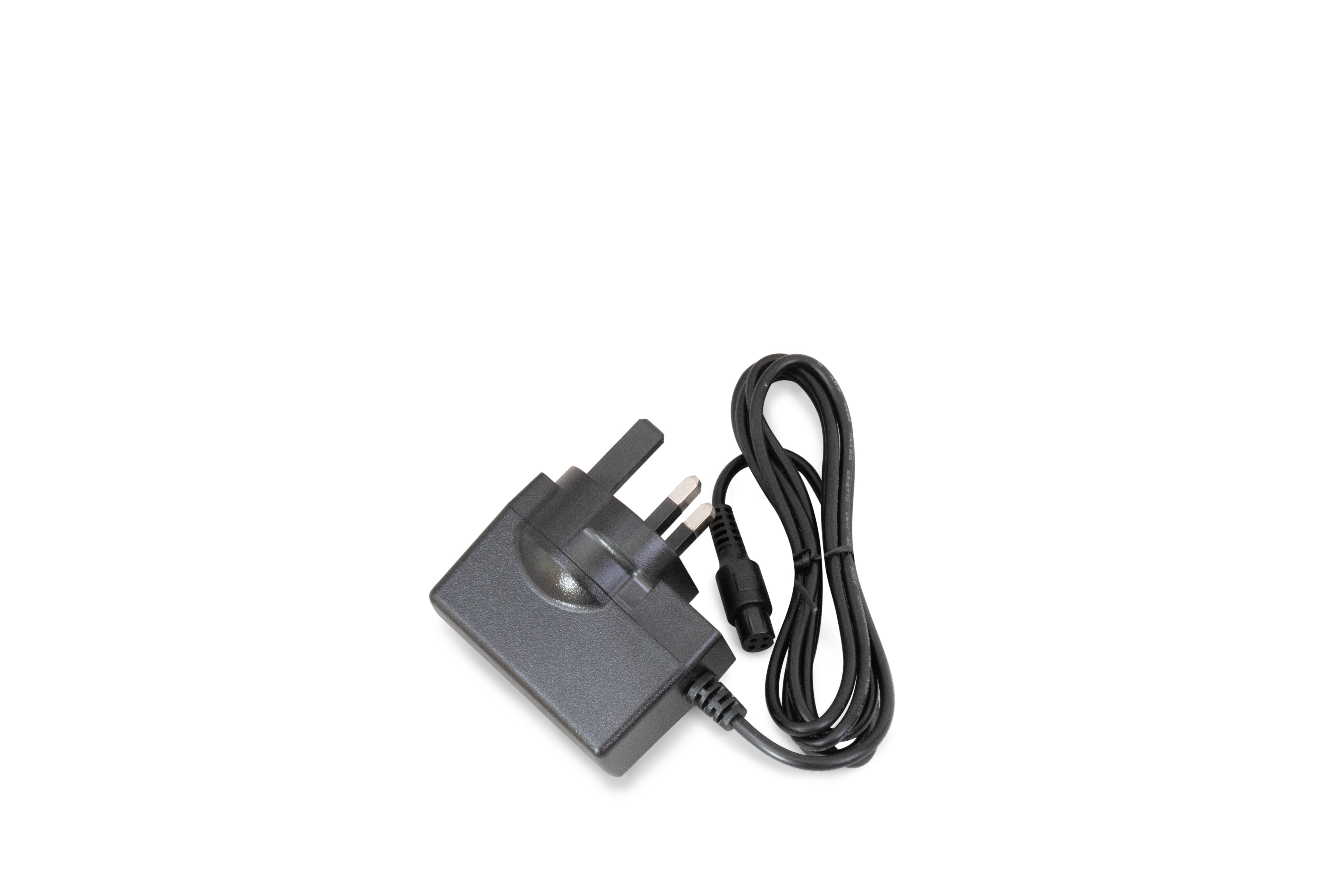 A black replacement battery charger for a hoverboard with a power cord and connector.