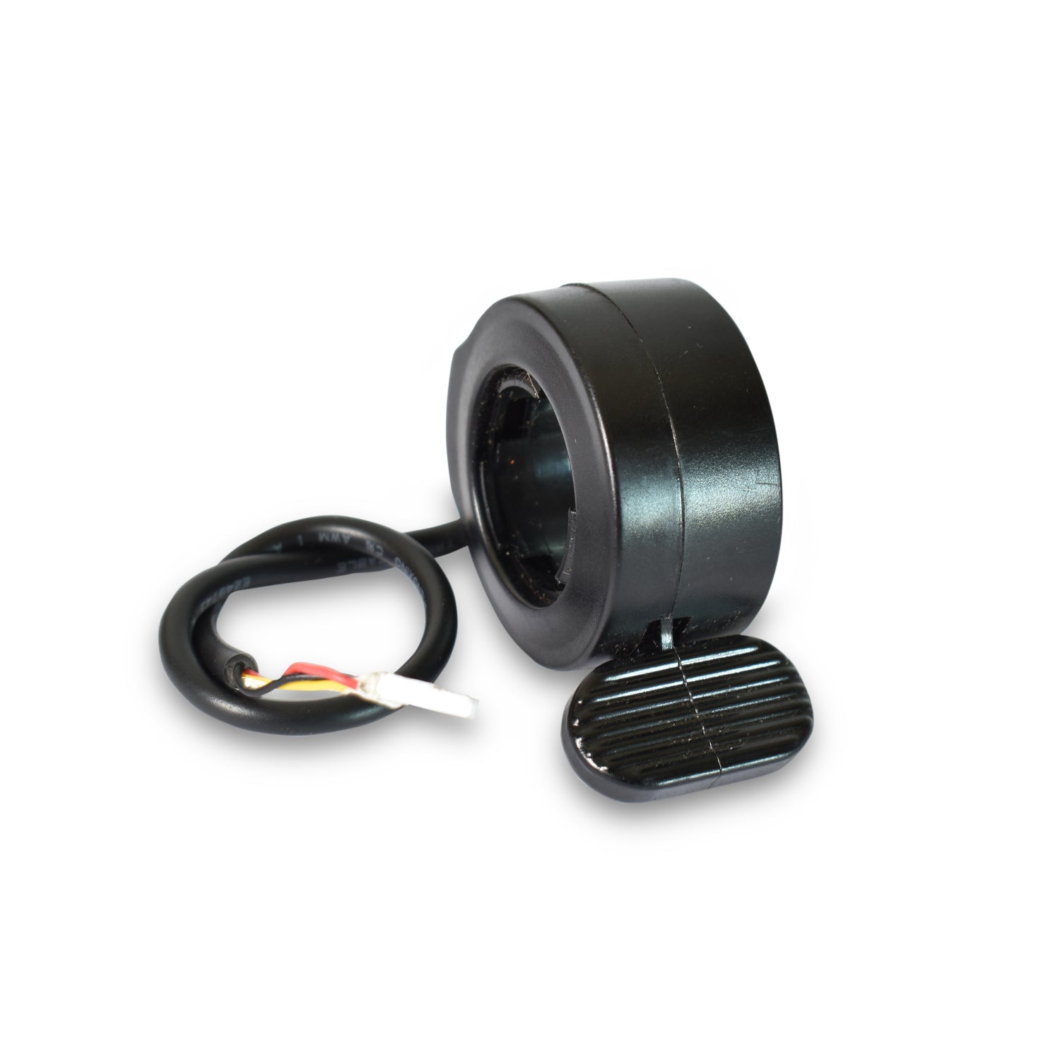 A black replacement throttle for the E5 kids electric scooter, featuring a cable and a pedal.