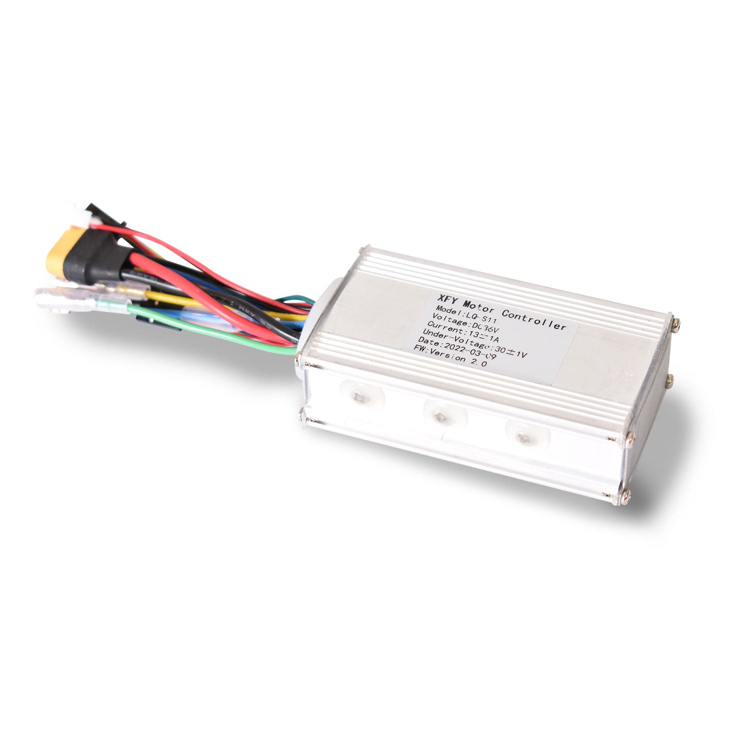 A silver electric scooter speed controller with wires coming out of it.