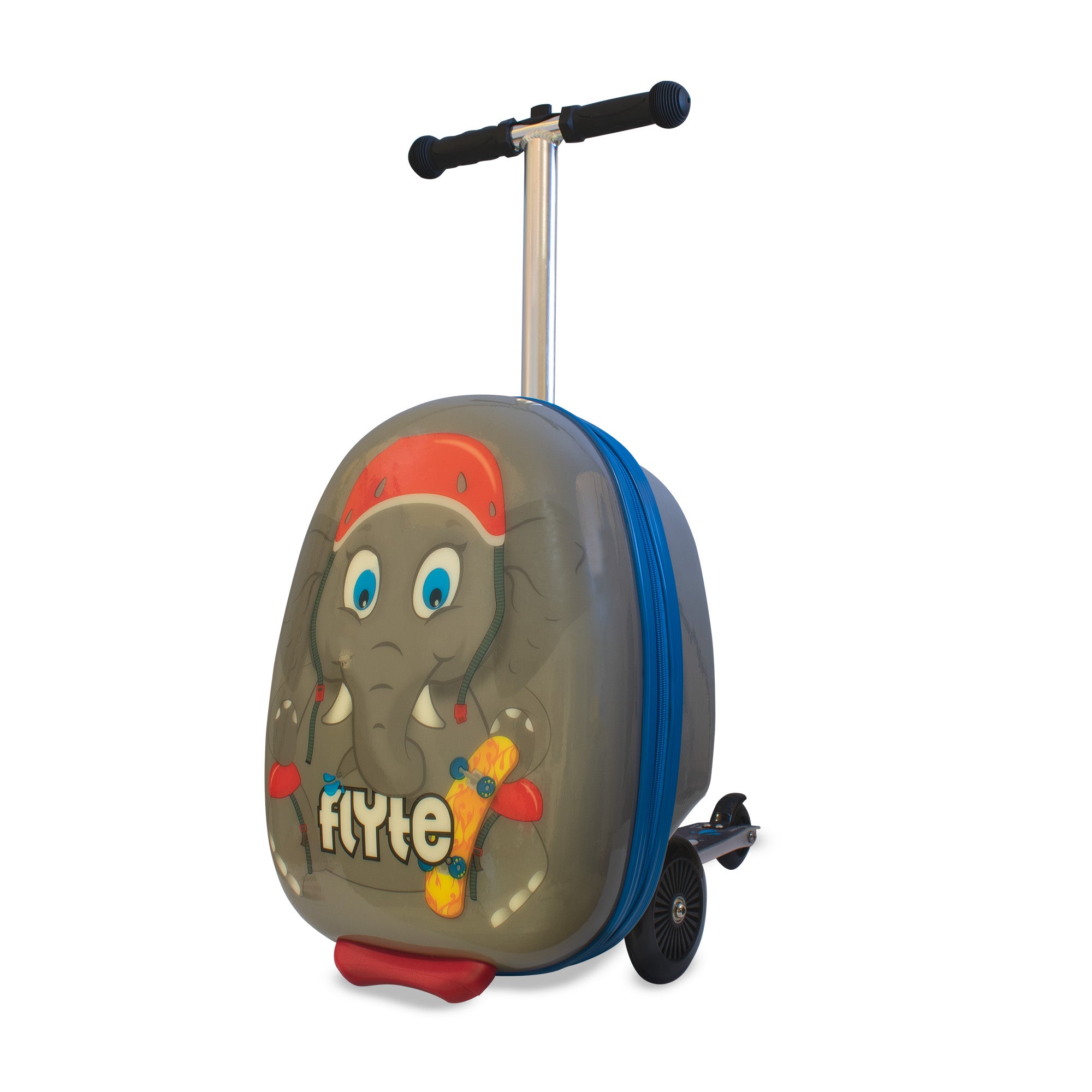 Flyte Midi Eddie the Elephant scooter suitcase 18 inch with grey elephant design and colourful wheels