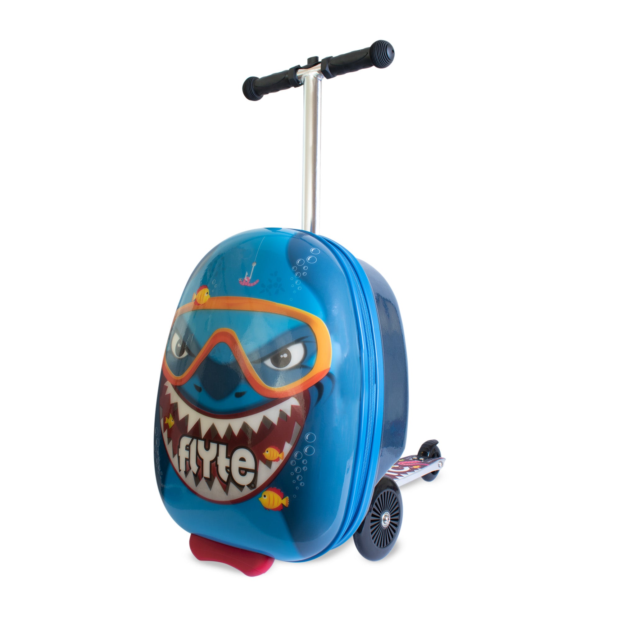 A travel suitcase designed like a shark with a scooter feature, predominantly blue with multicolor accents and black details.