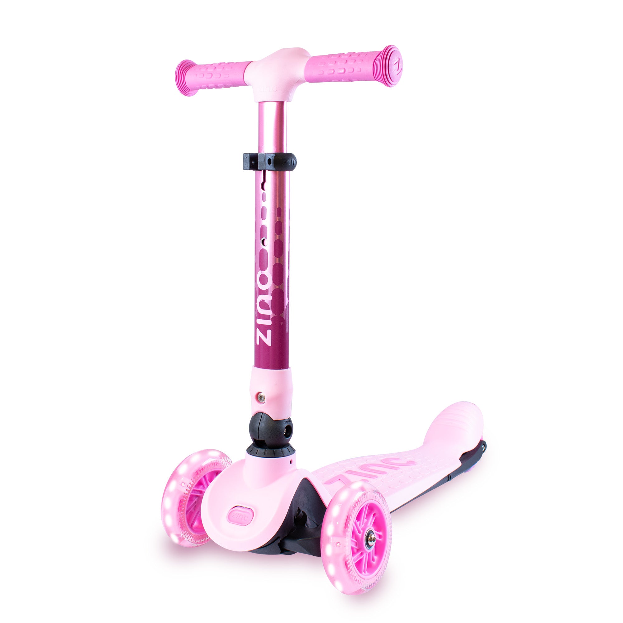 Pink Zinc Flyte three-wheeled scooter front view product shot