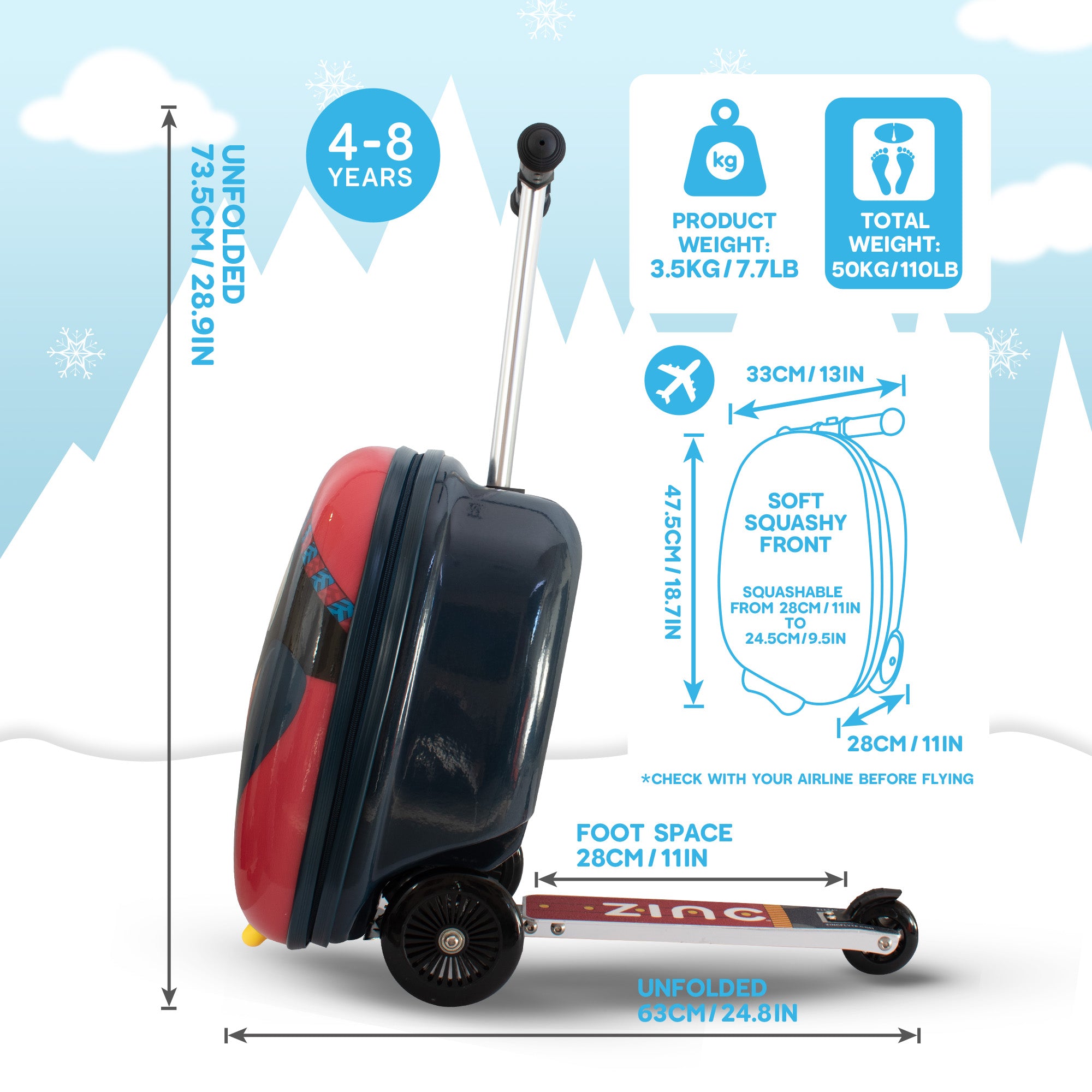 Perry the Penguin scooter suitcase alternative side angle showing sturdy construction and penguin design details
