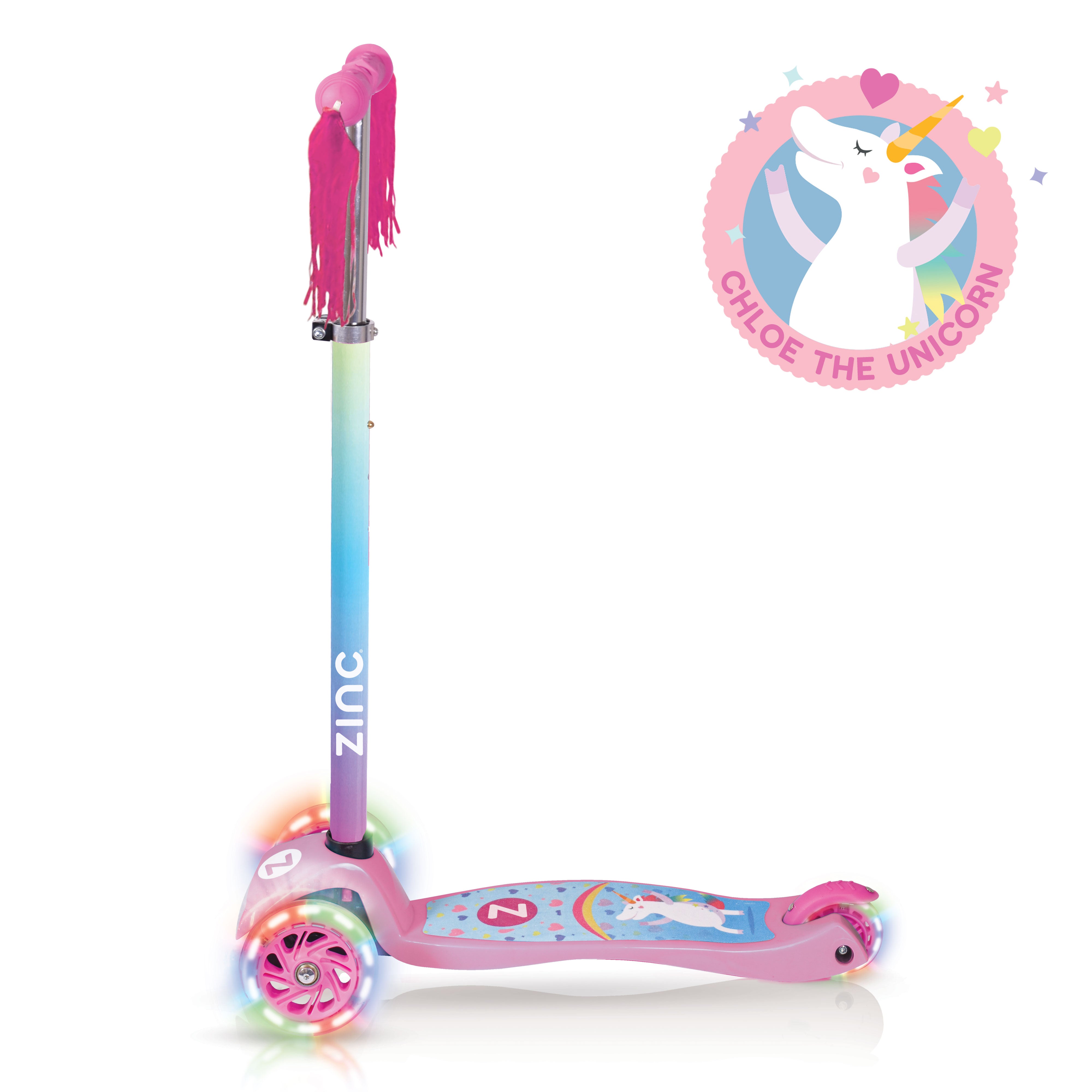 Zinc Three Wheeled Explorer Non Folding Scooter Unicorn - side profile showcasing unicorn graphics and tassel details