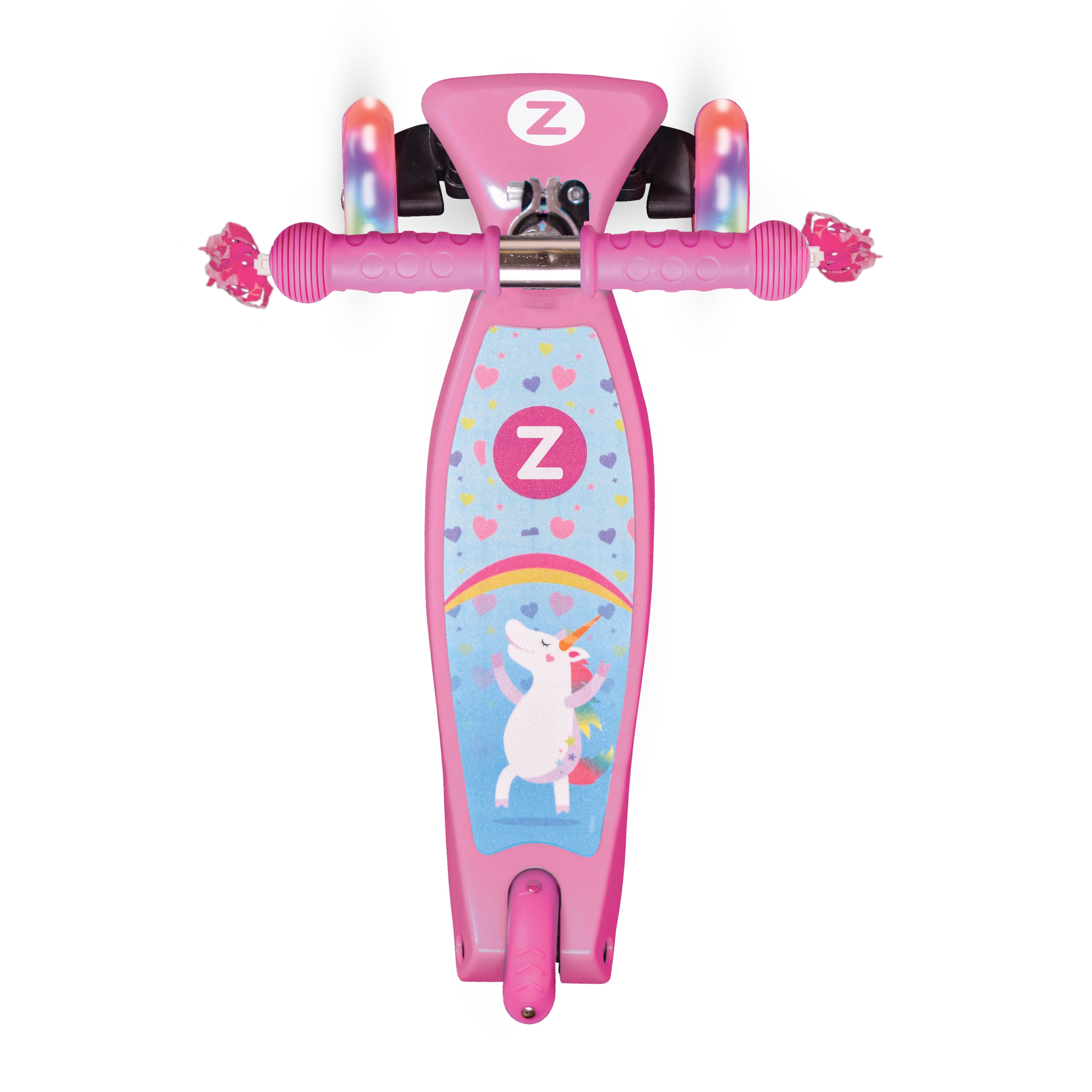 Zinc Three Wheeled Explorer Non Folding Scooter Unicorn - angled view highlighting overall design and tassel accessories