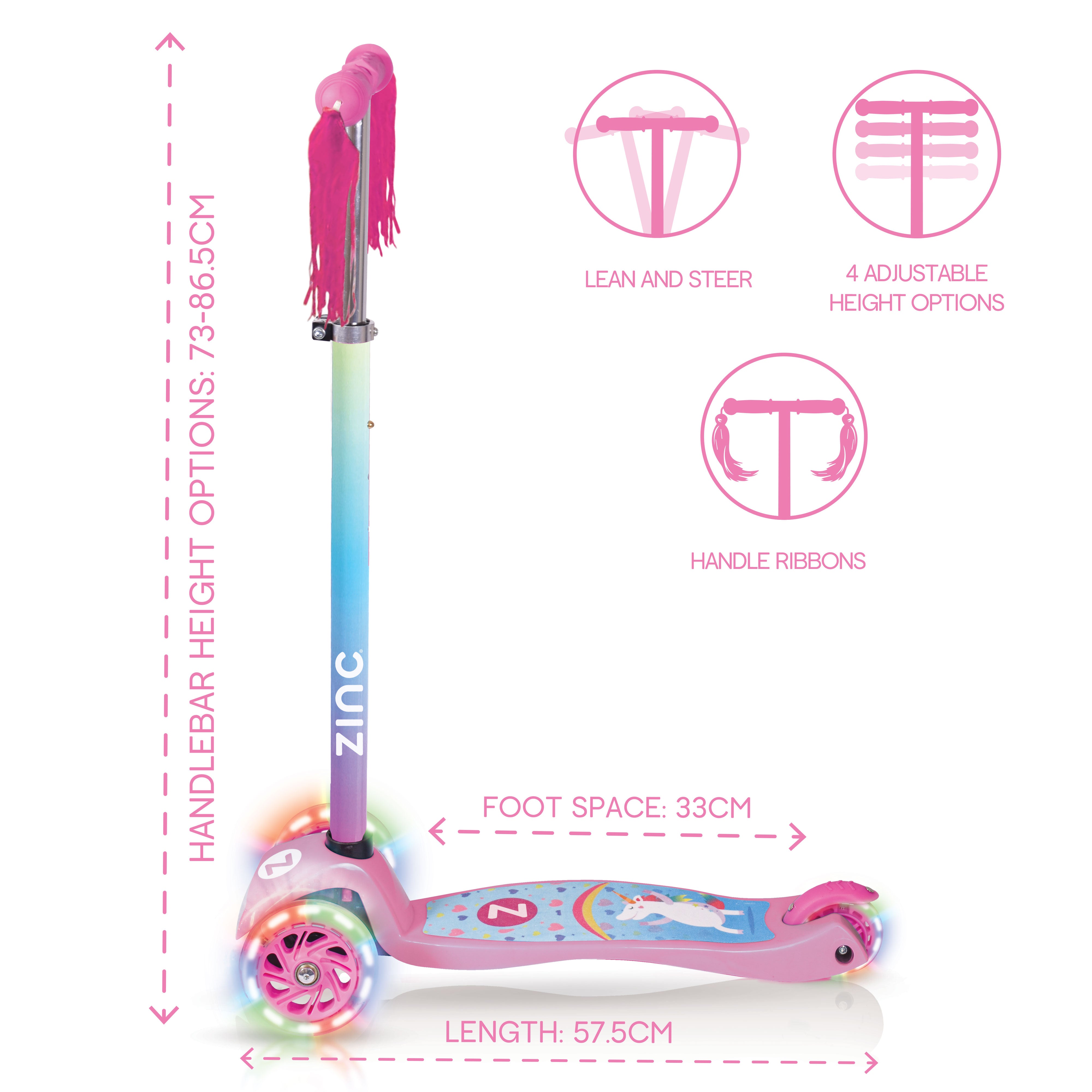 Zinc Three Wheeled Explorer Non Folding Scooter Unicorn - light-up wheels detail shot showing illumination features