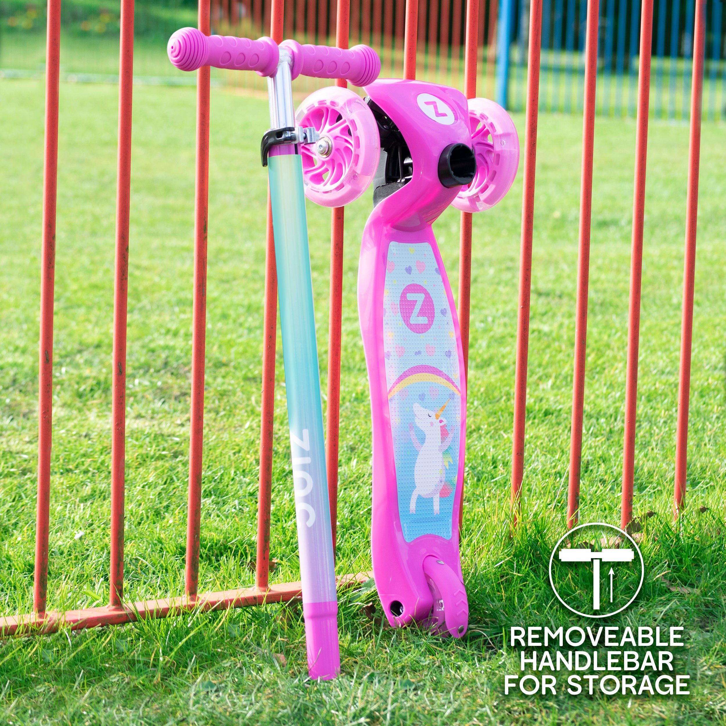 Zinc Three Wheeled Explorer Non Folding Scooter Unicorn disassembled - base deck with light-up wheels separated from handlebar assembly 