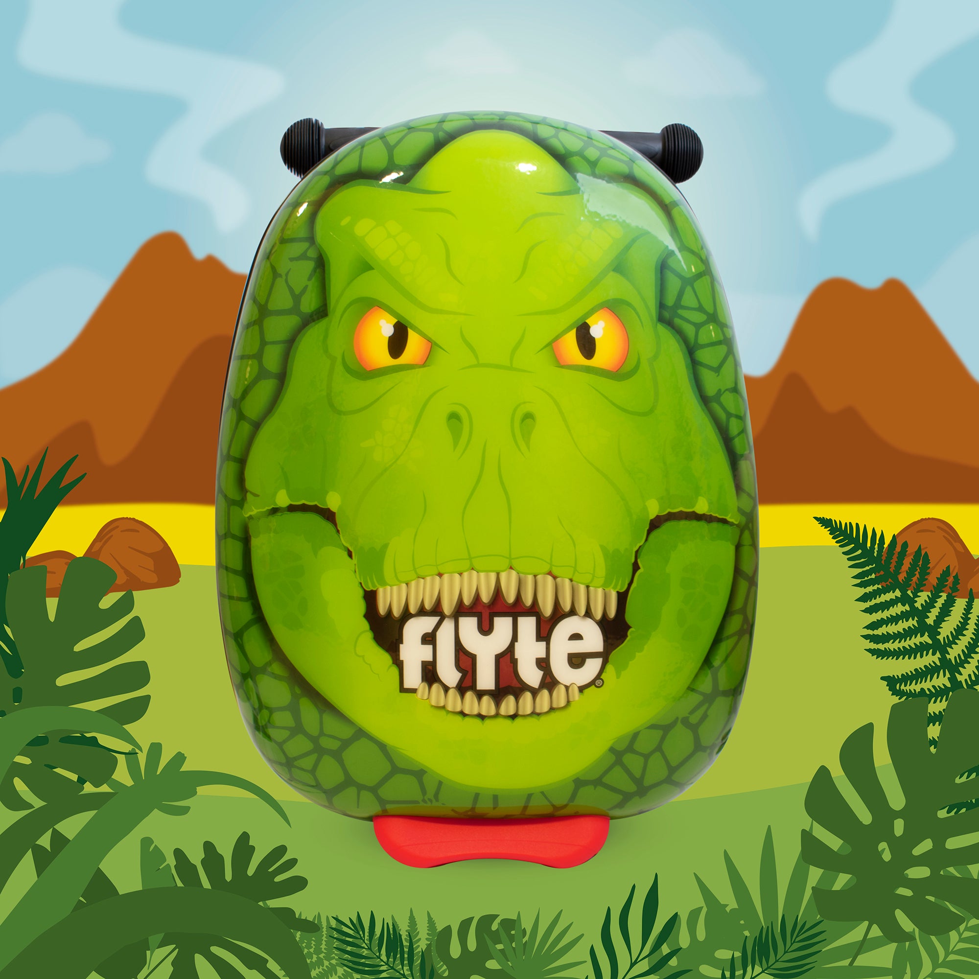 Darwin the Dino scooter suitcase front view showing friendly dinosaur character and prehistoric adventure graphics