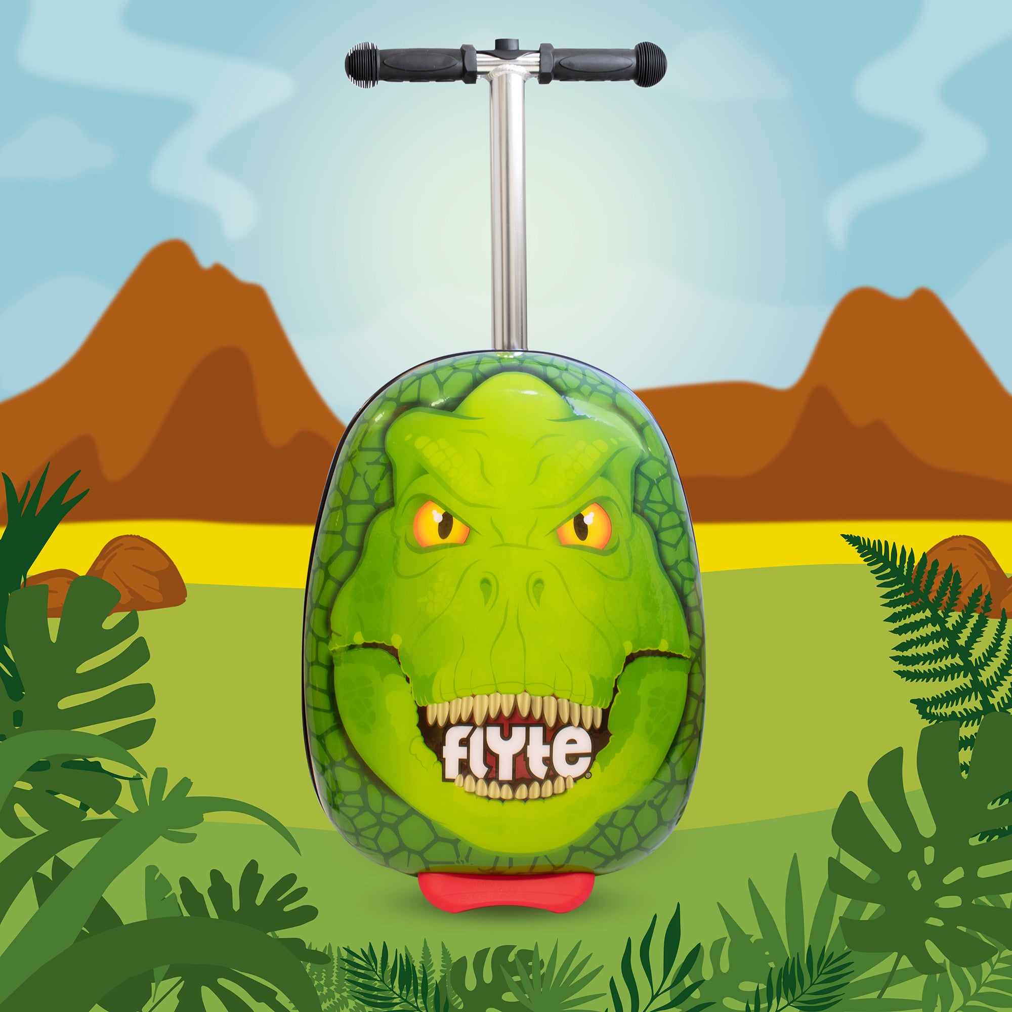 Darwin Dino scooter suitcase telescopic handle extended for easy pulling and maneuvering