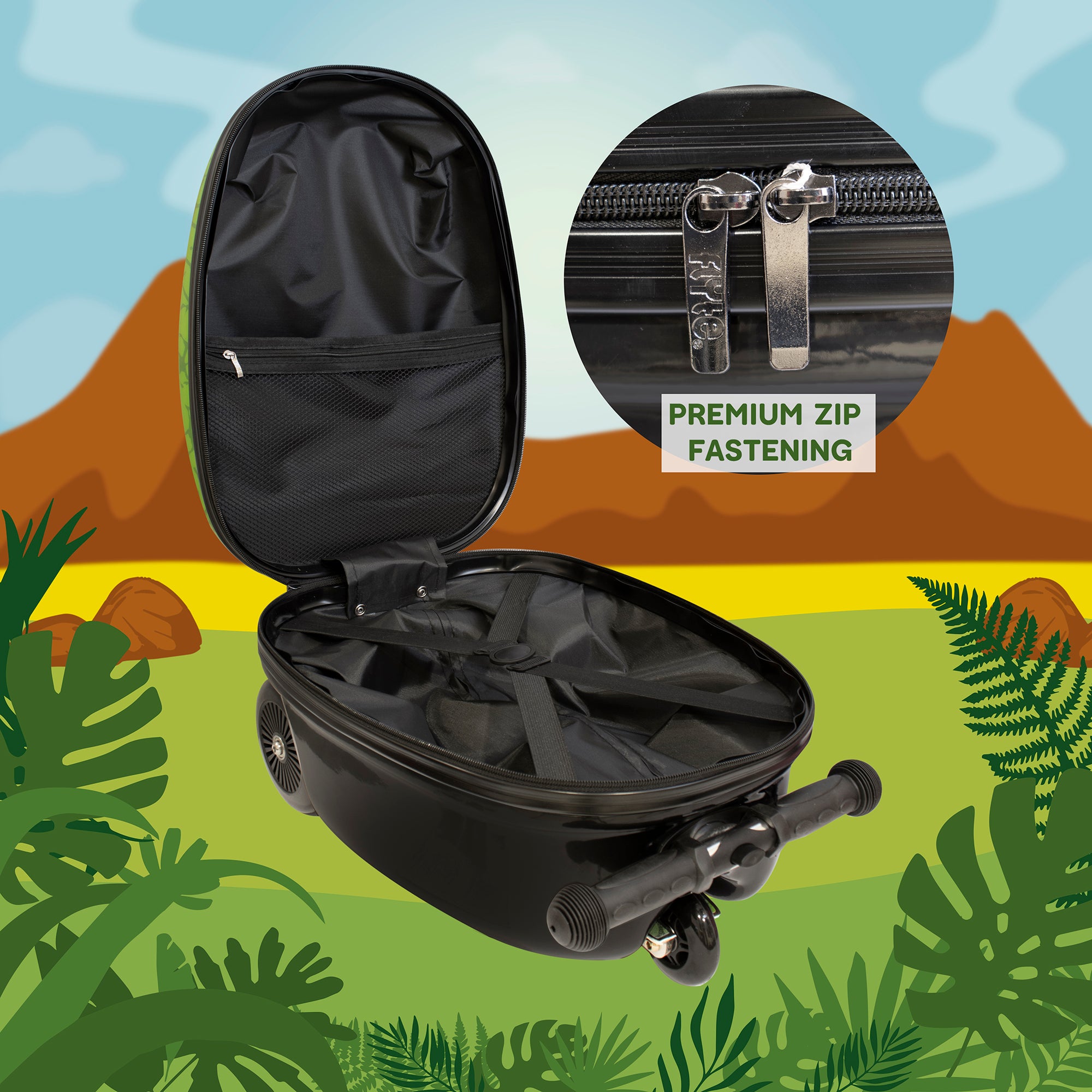 Darwin the Dino scooter suitcase interior showing spacious packing compartment for kids travel essentials