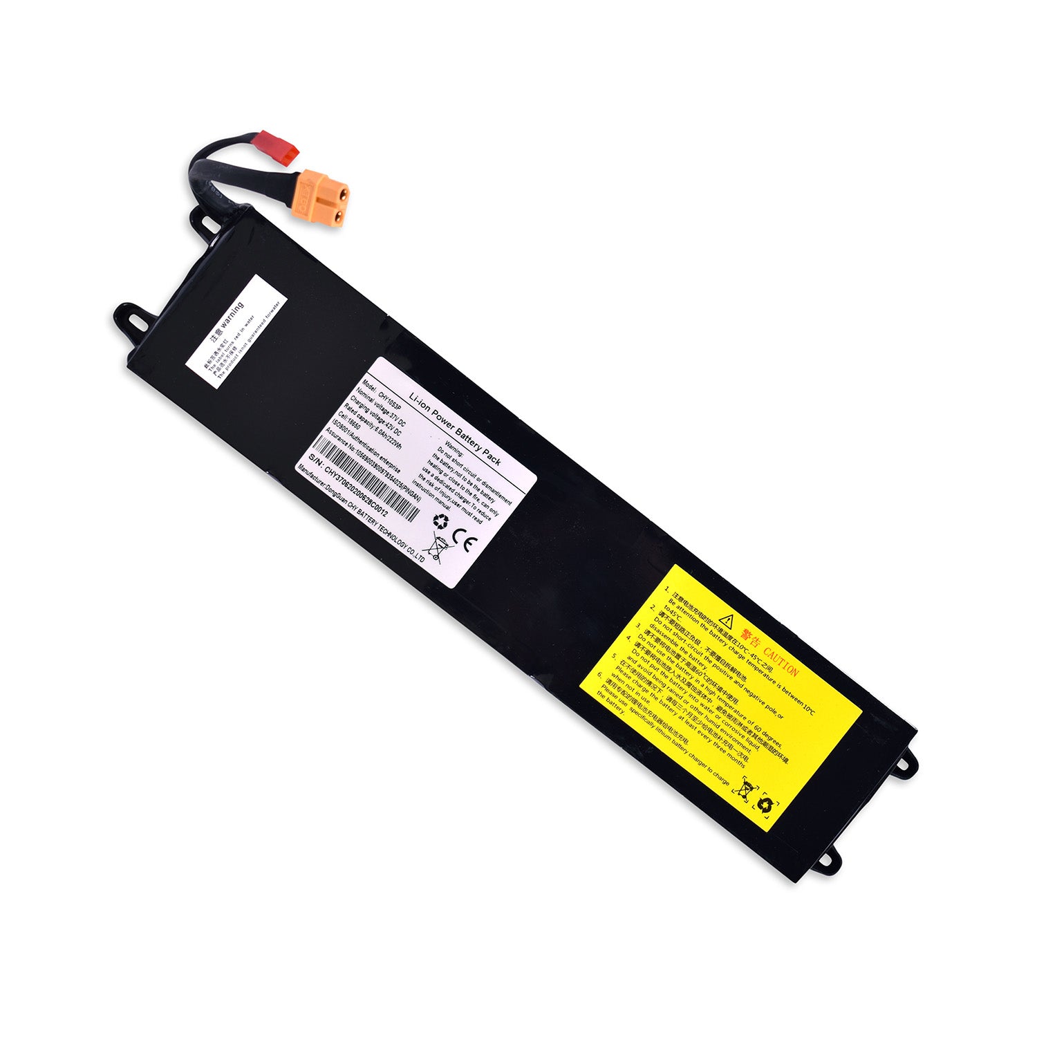 A black lithium battery pack for an electric scooter with a yellow label and brand stickers, including the model and voltage information.