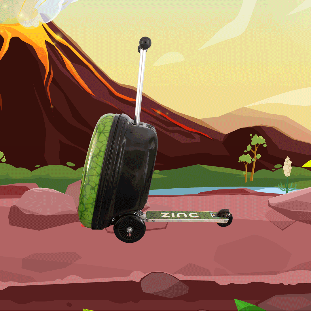 Darwin the Dino scooter suitcase adventure animation showing prehistoric journey and 3-in-1 transformation