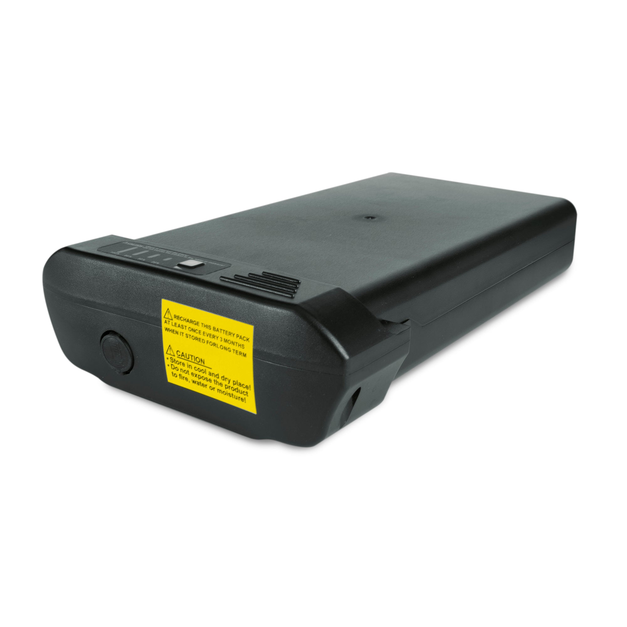 A black zinc eco 20 inch electric bike replacement battery with a yellow label on it.