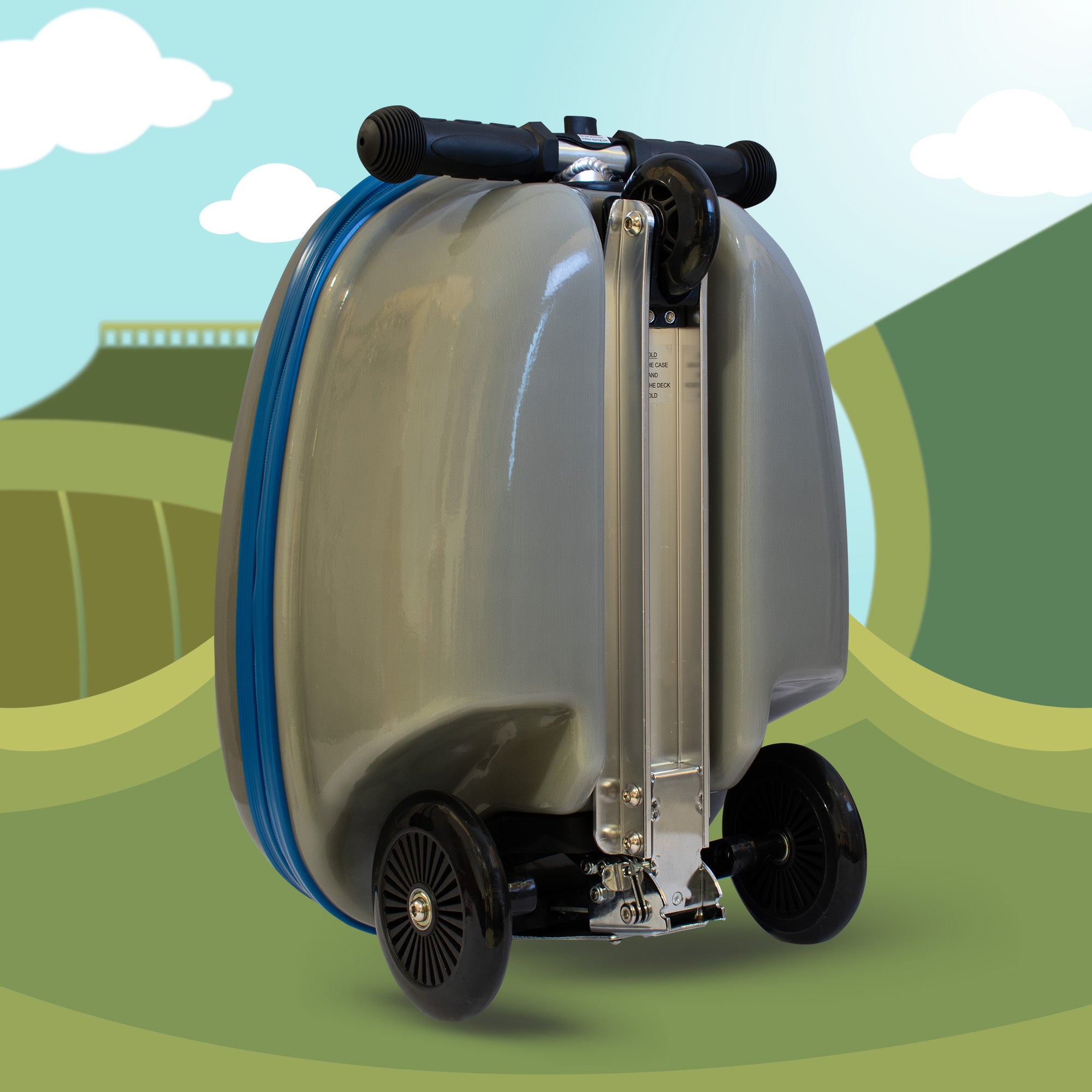 Back panel of Eddie the Elephant scooter suitcase displaying elephant artwork and brand details