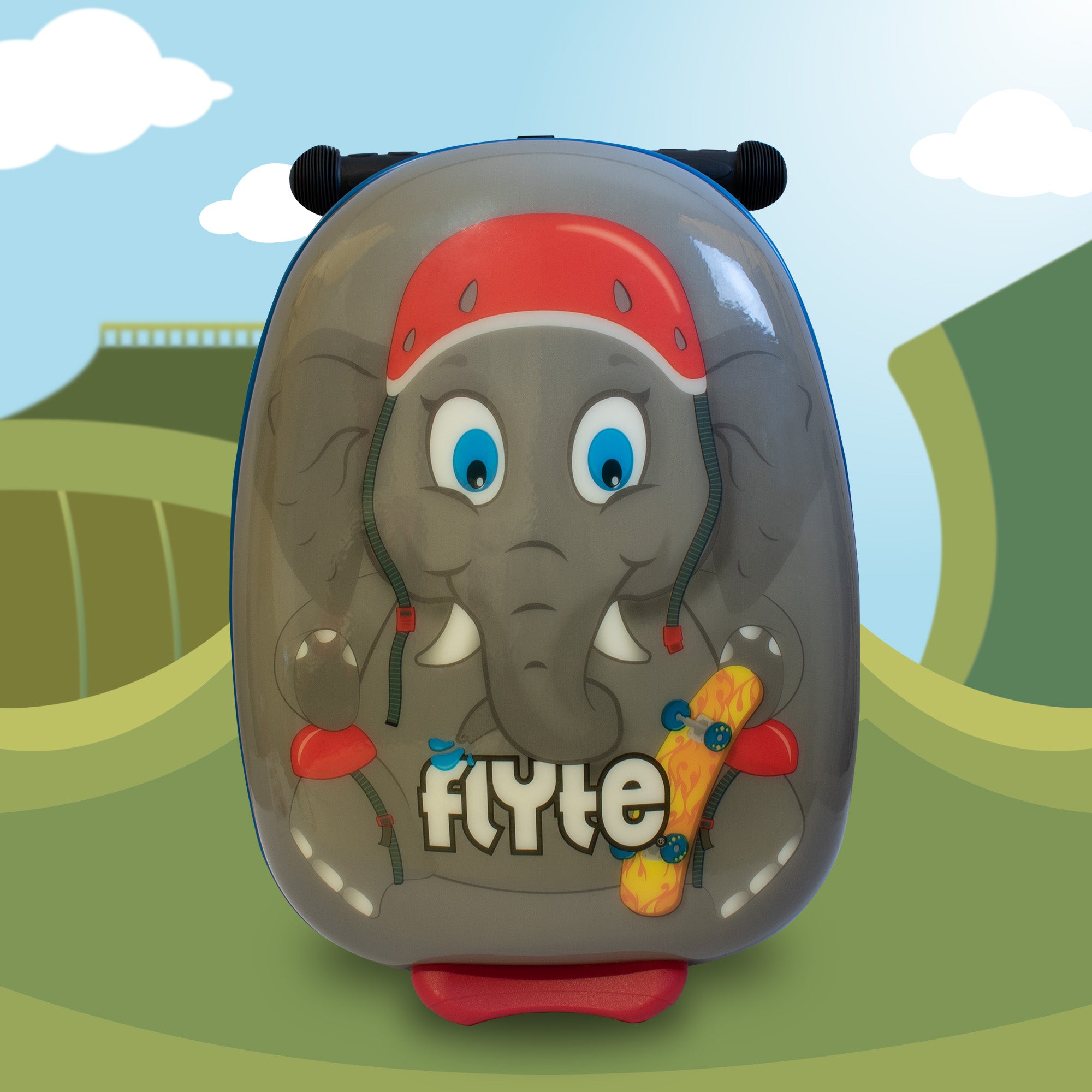 Eddie the Elephant scooter suitcase front view showing friendly elephant character and safari adventure graphics