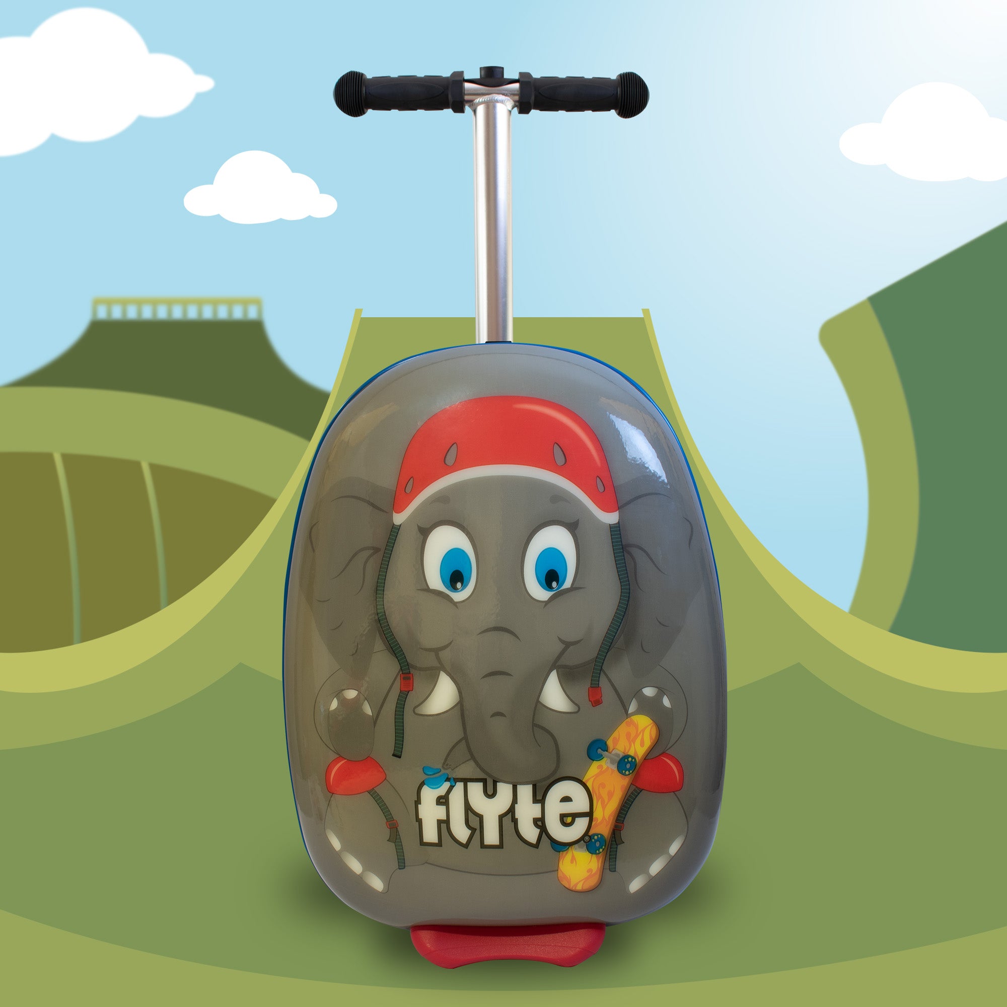 Eddie the Elephant scooter suitcase telescopic handle extended for easy pulling and maneuvering