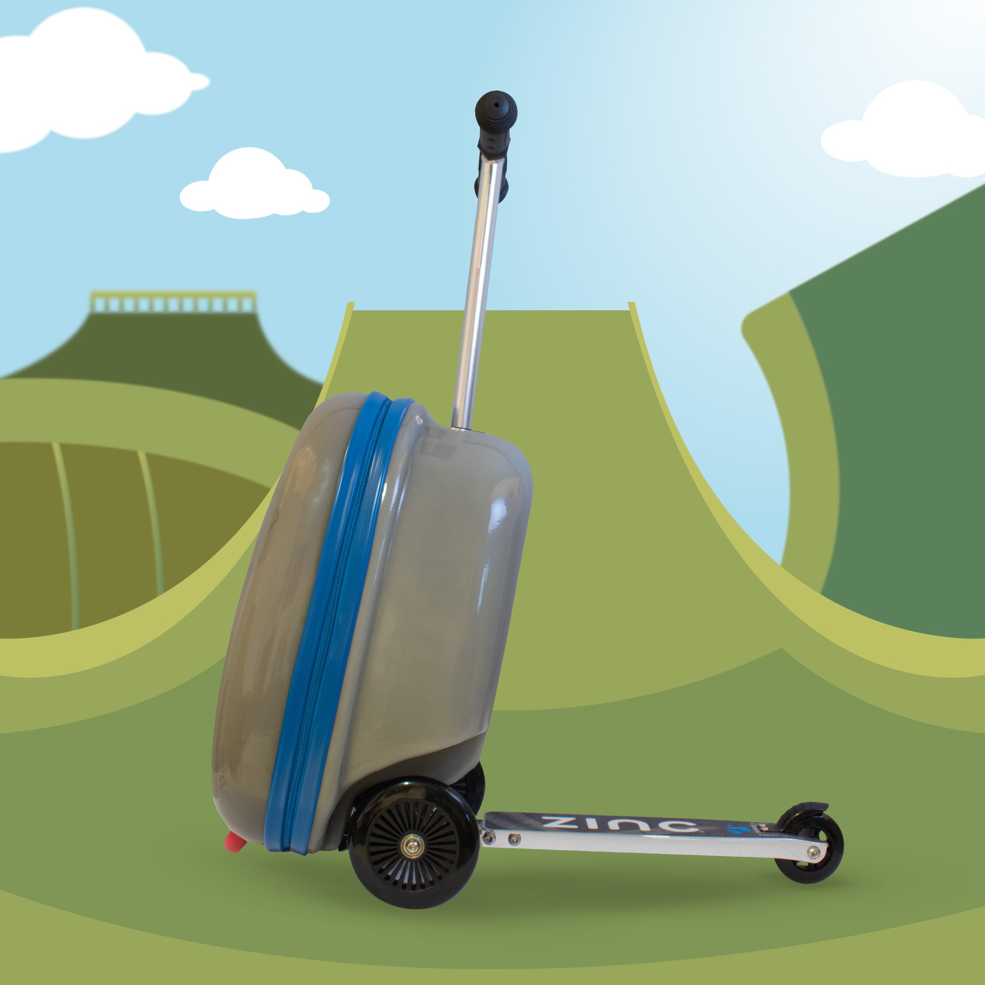Eddie the Elephant scooter suitcase side profile in riding position showing lean-and-steer functionality