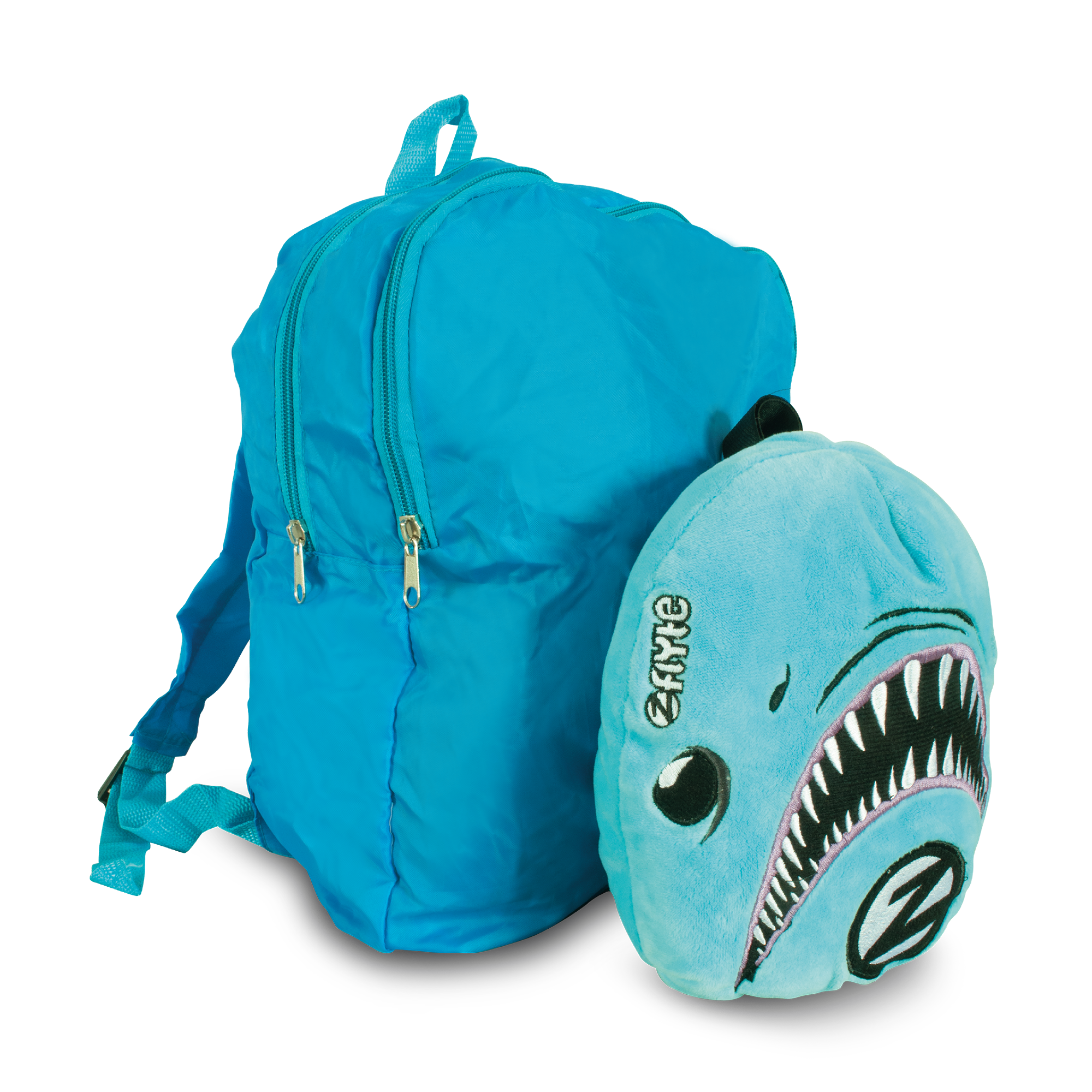 Zinc Flyte Plush Backpack Snapper the Shark side view showing spacious compartments and adorable shark character features