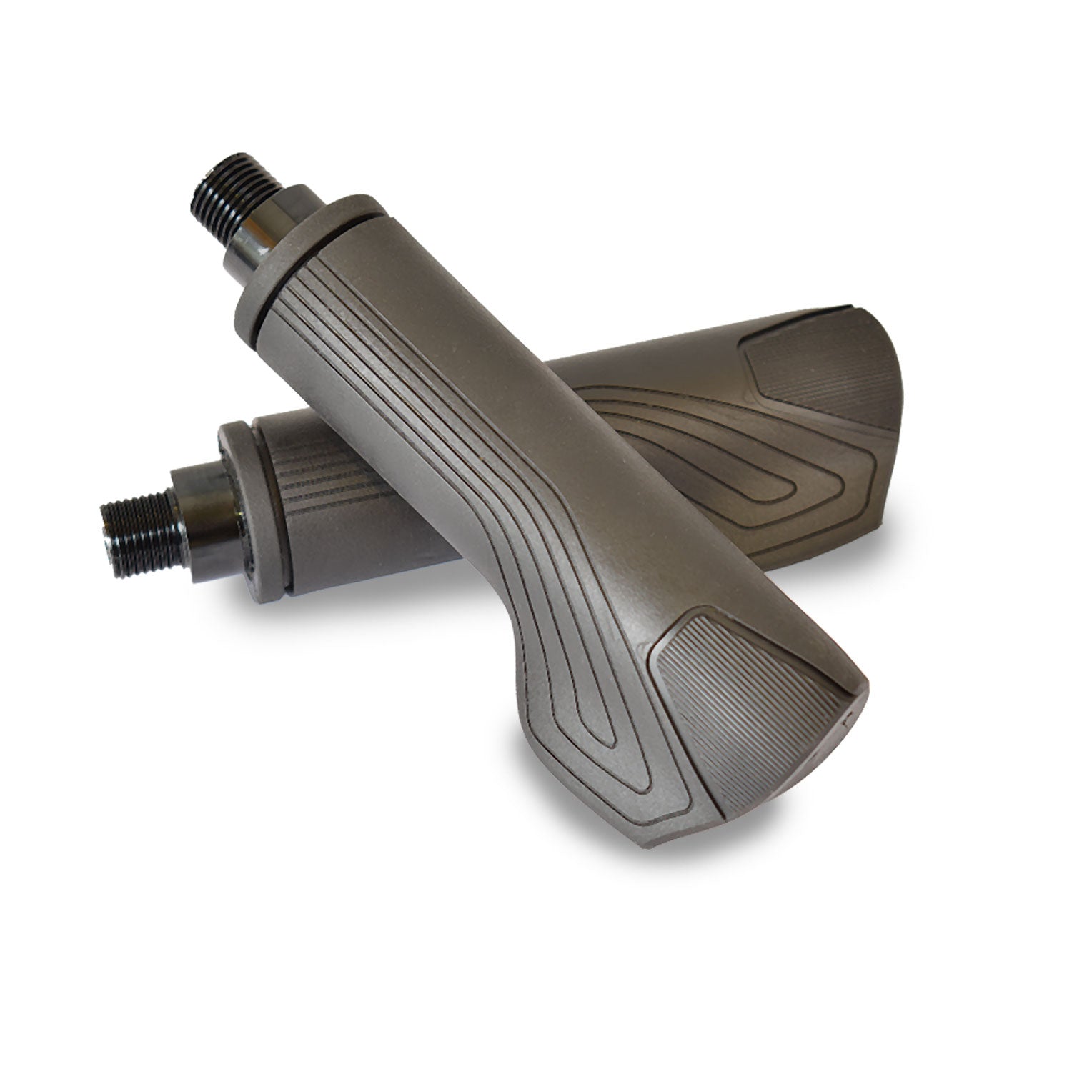 A pair of gray electric scooter handles with a textured grip and screw attachments for installation.