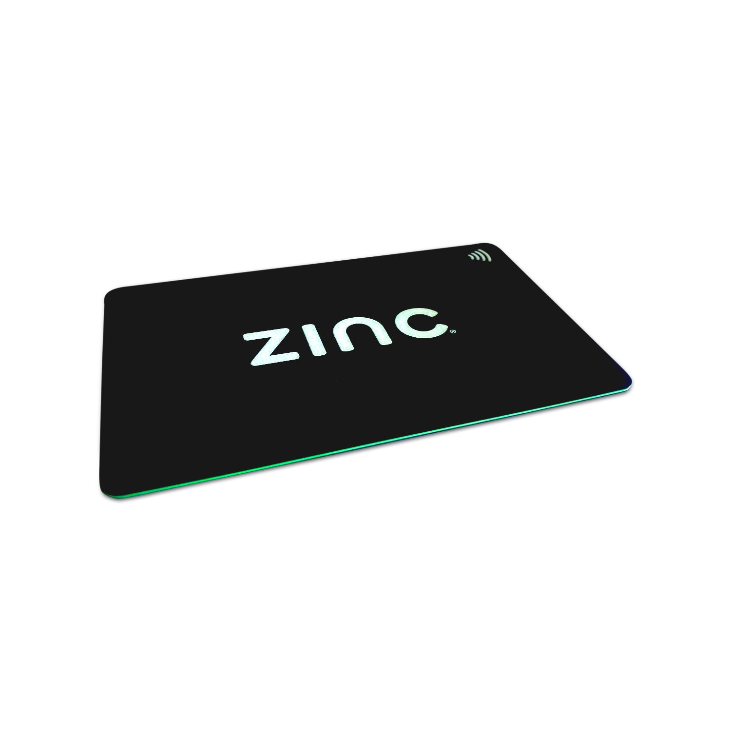 A large black NFC card with the 'ZINC' brand name printed in white text on the front.
