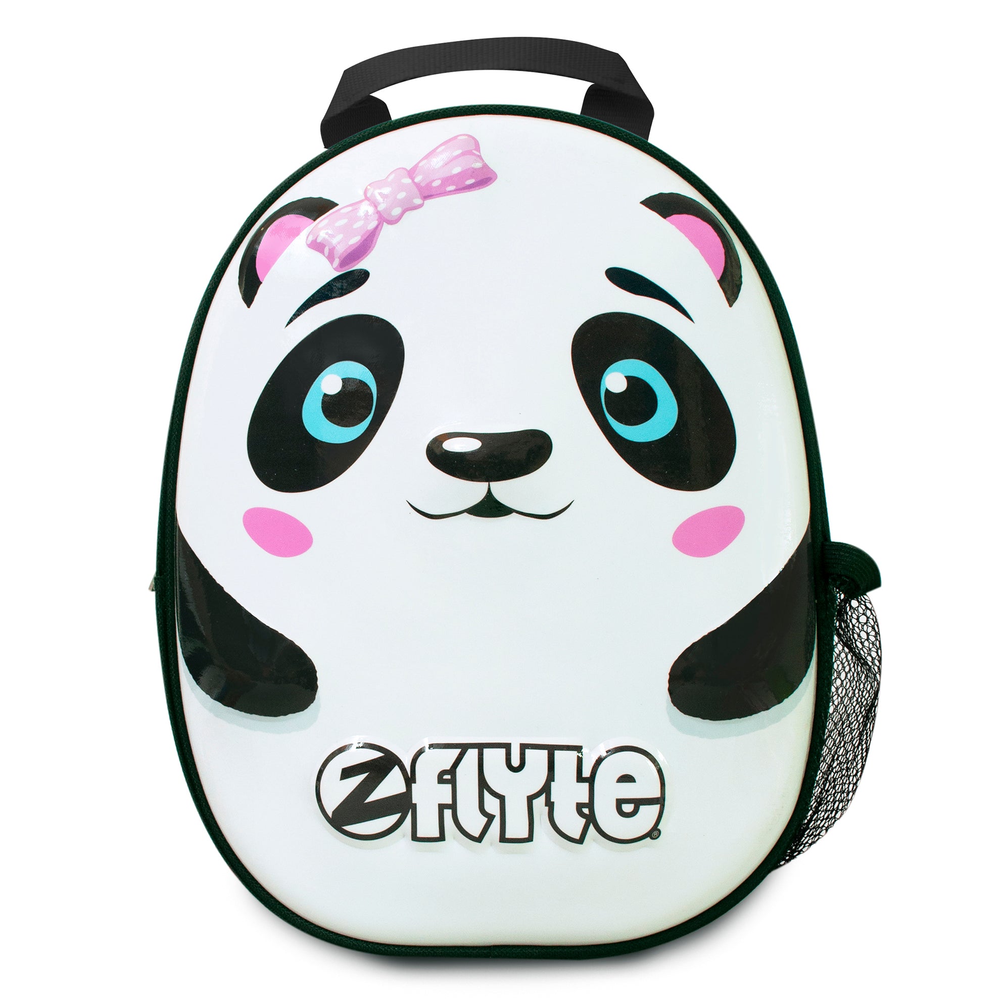Children's backpack with a cartoon panda design in colours white, black and pink.