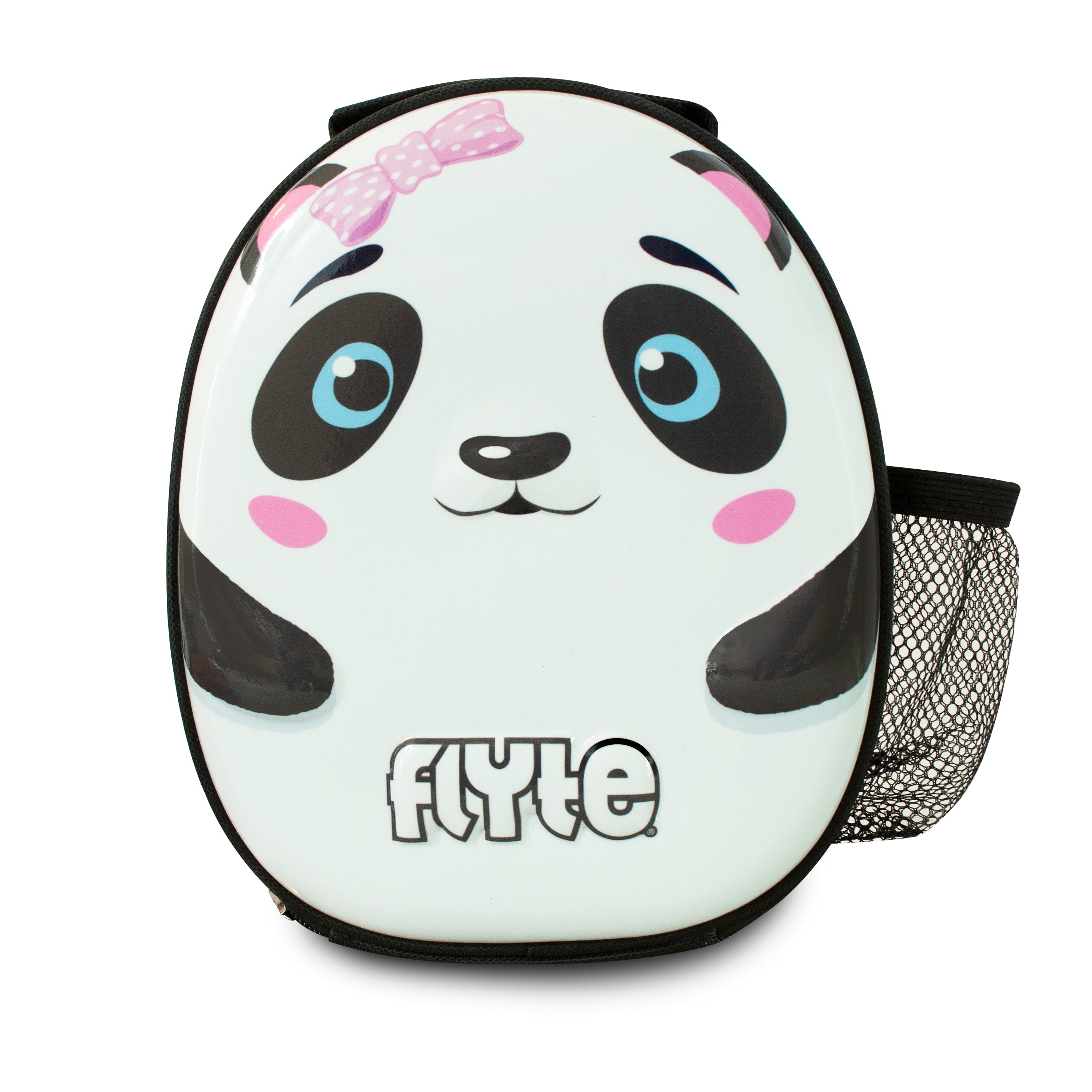 Children's lunch bag with a cartoon panda design, predominantly white with black ears and pink cheeks, and the brand name 'Flyte' on the front.