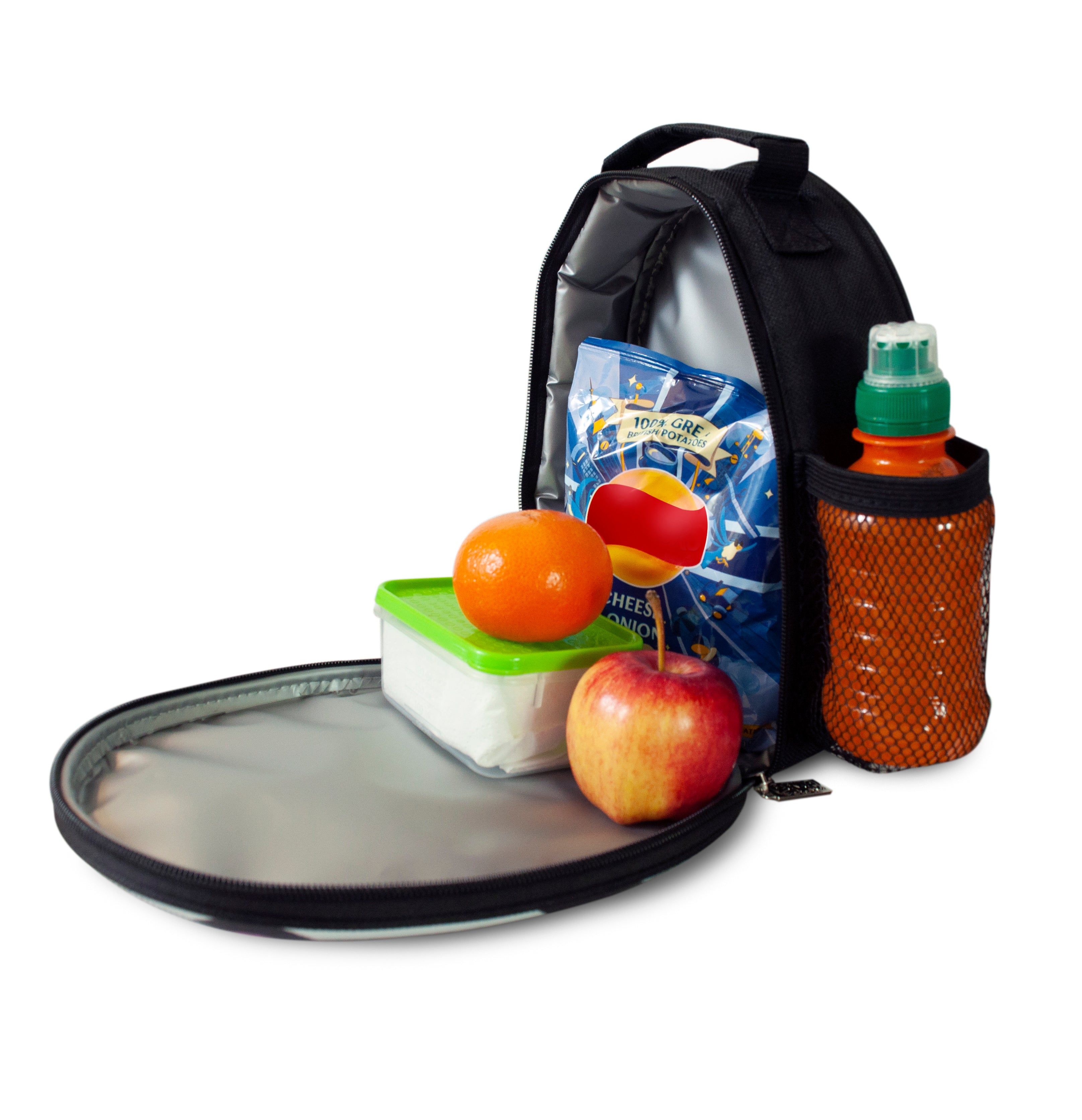 Polly the Panda lunch bag showing side view and handle - ZINC Sports kids insulated lunch box