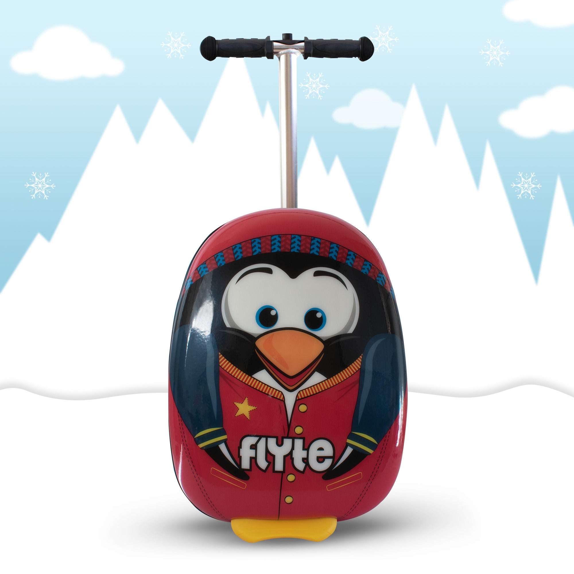 Perry the Penguin scooter suitcase telescopic handle extended for easy pulling and maneuvering