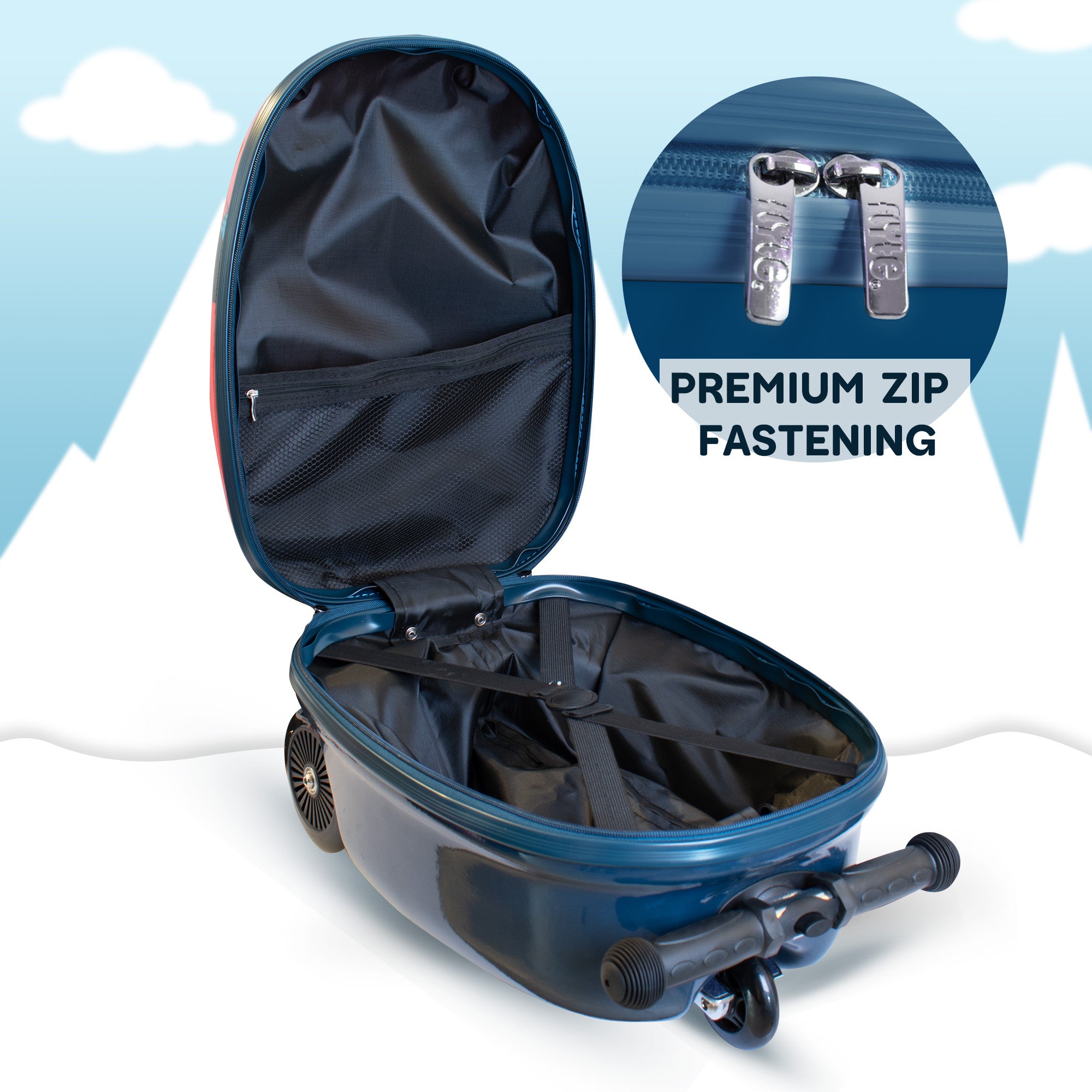 Perry the Penguin scooter suitcase interior showing spacious packing compartment for kids travel essentials
