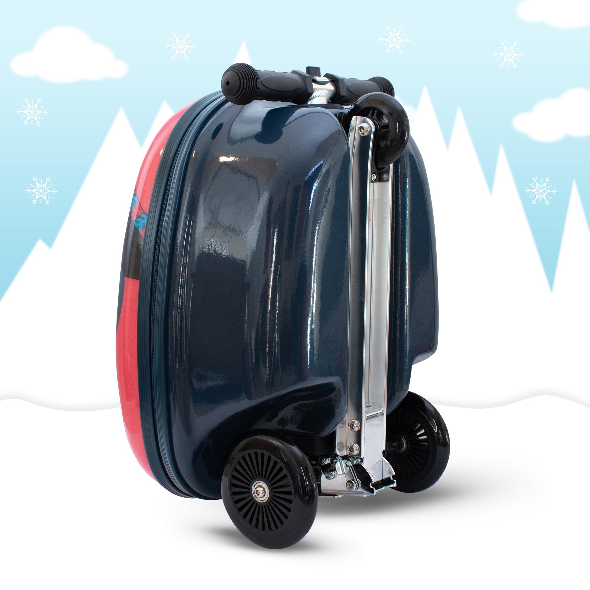 Back panel of Perry the Penguin scooter suitcase displaying arctic penguin artwork and brand details