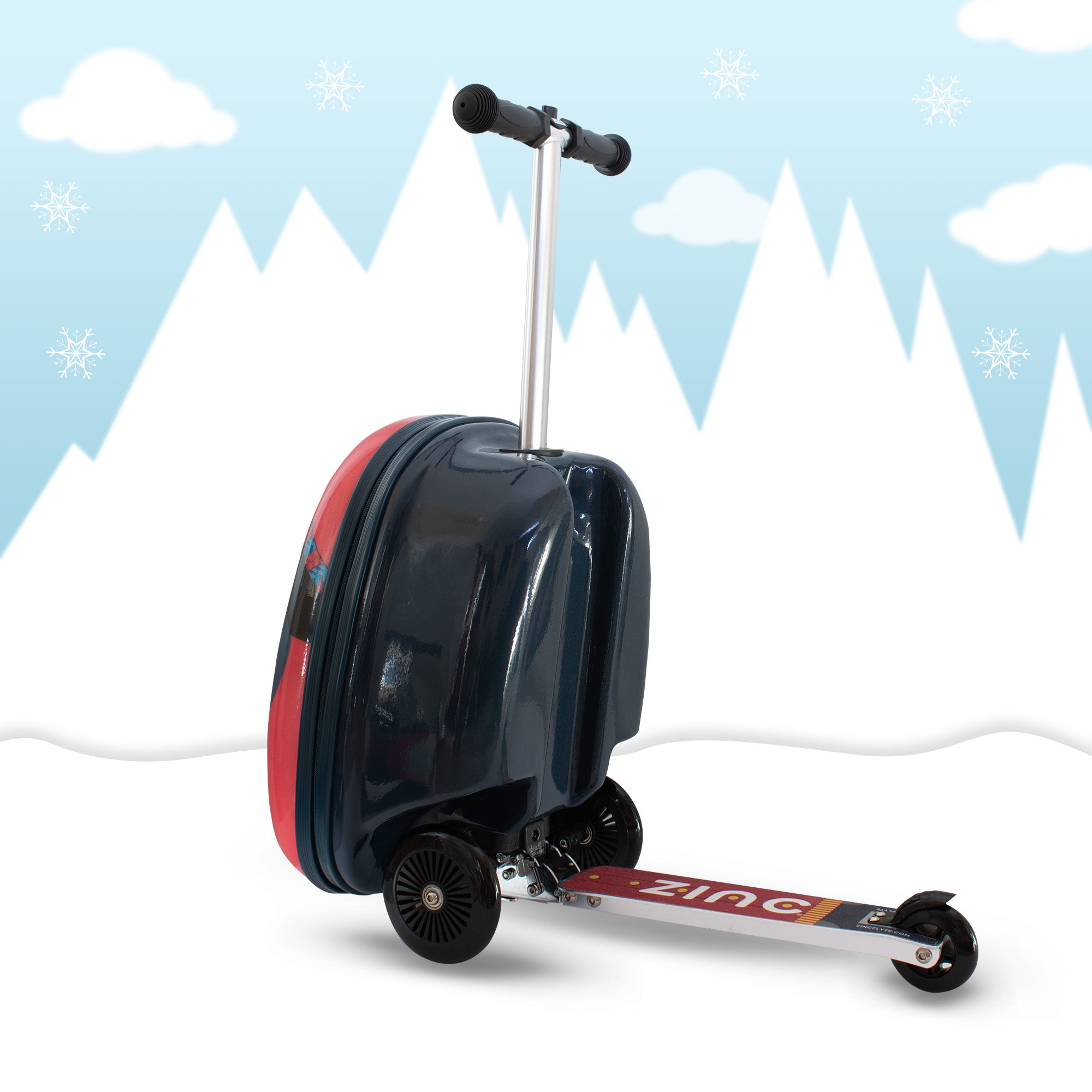 Perry Penguin scooter suitcase rear view in riding mode showing extended deck and penguin-themed design