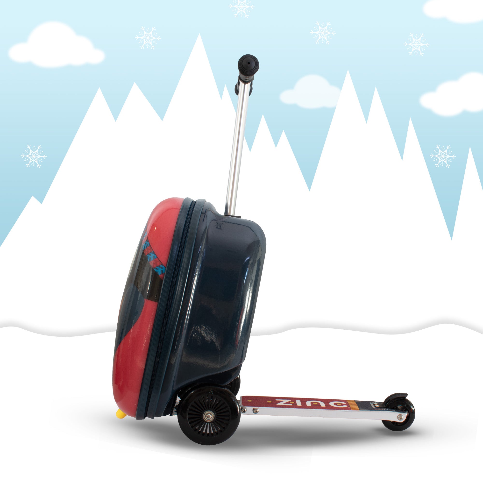 Perry the Penguin scooter suitcase side profile in riding position showing lean-and-steer functionality