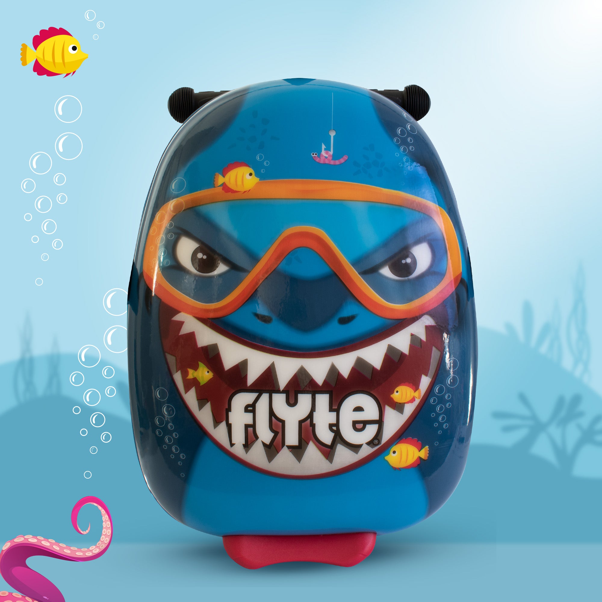 Flyte Midi 18 inch Stormy the Shark scooter suitcase front view - blue shark design kids travel luggage