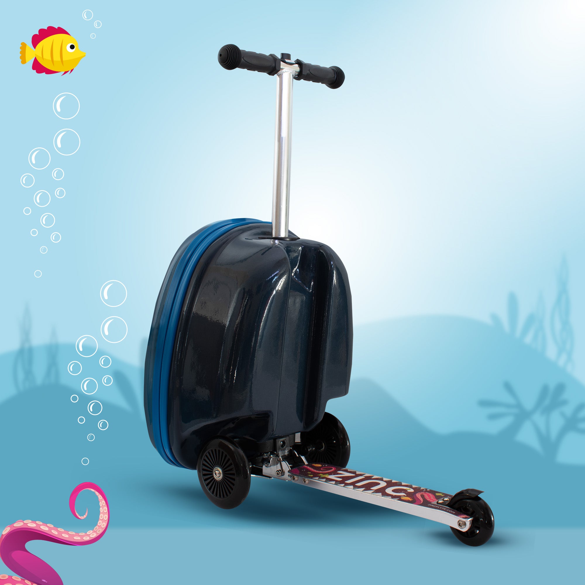 Flyte Midi Shark scooter suitcase rear view - showing wheel configuration and stability design