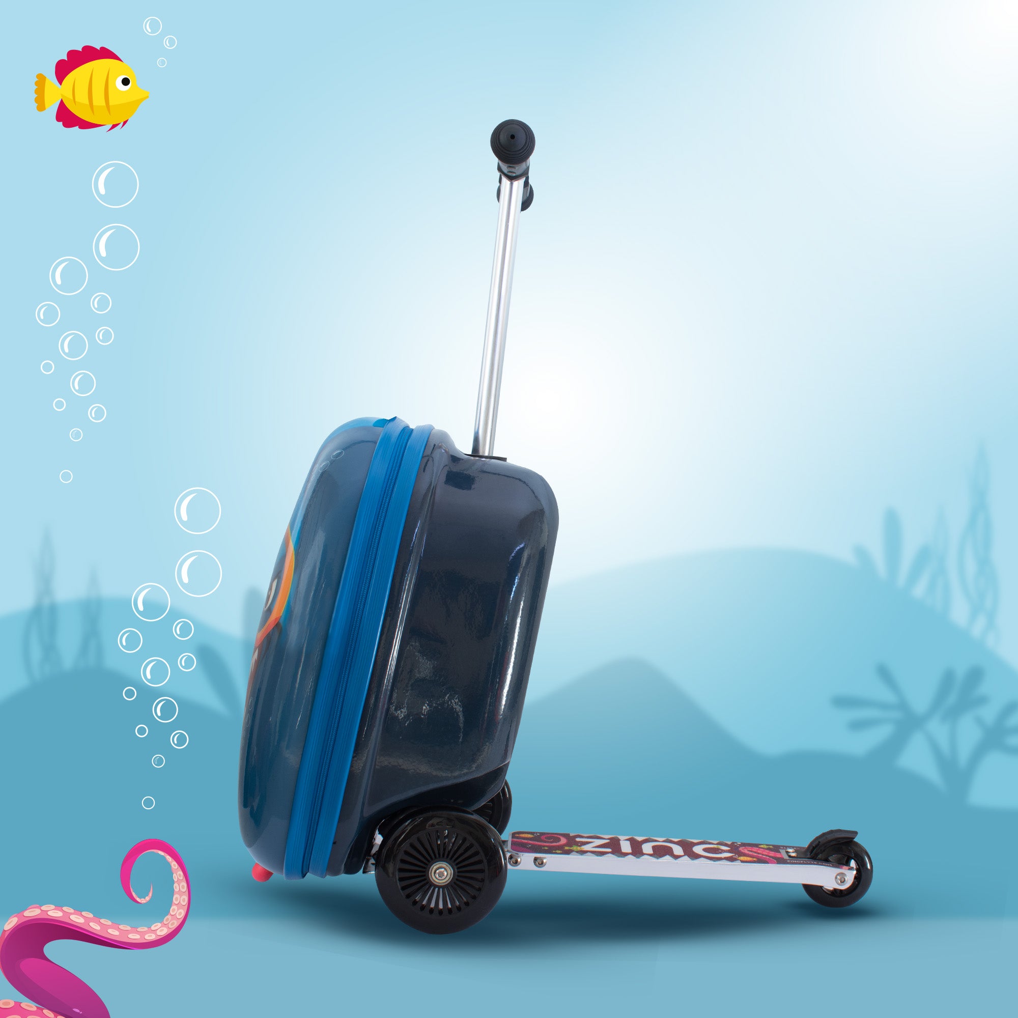 Flyte Midi Stormy the Shark in scooter mode side view - kids ride-on luggage with wheels