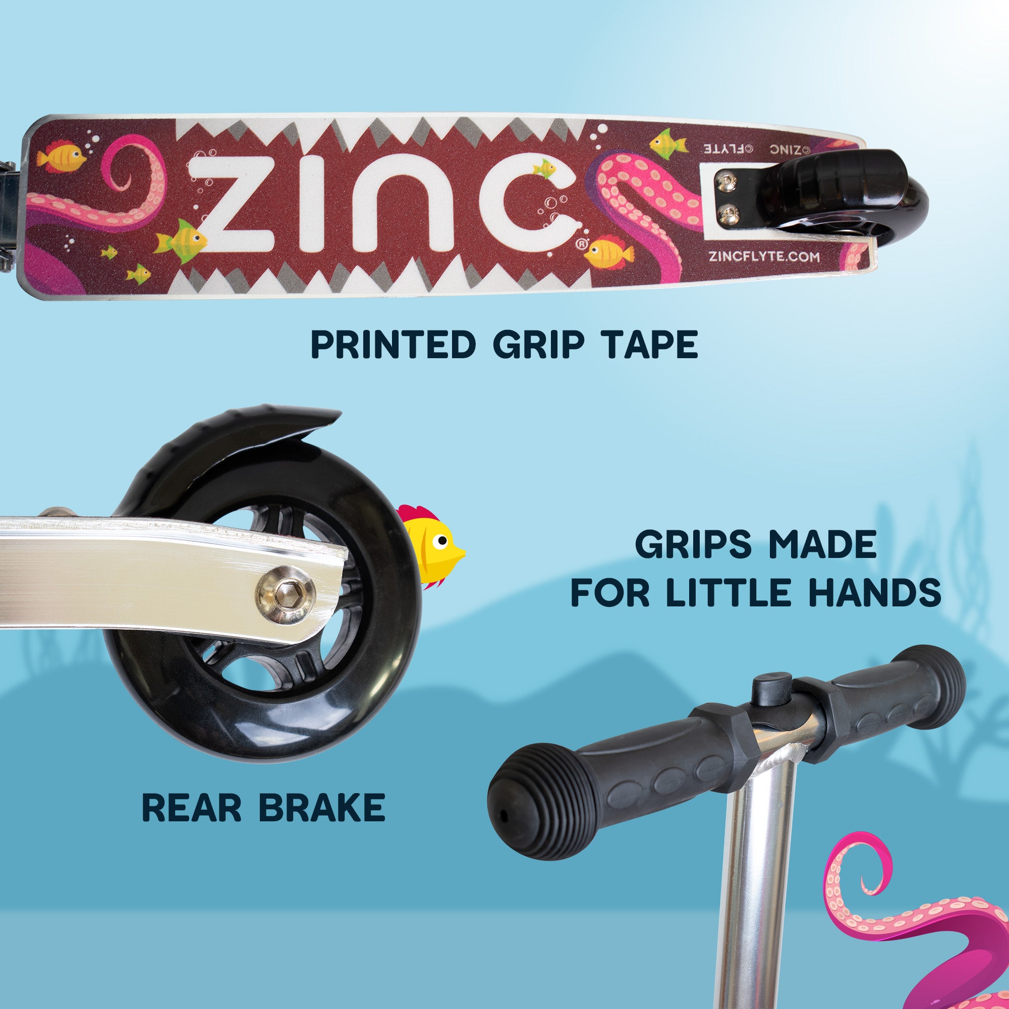 Flyte Midi Stormy the Shark scooter grip tape detail - non-slip surface and ergonomic handles for safety