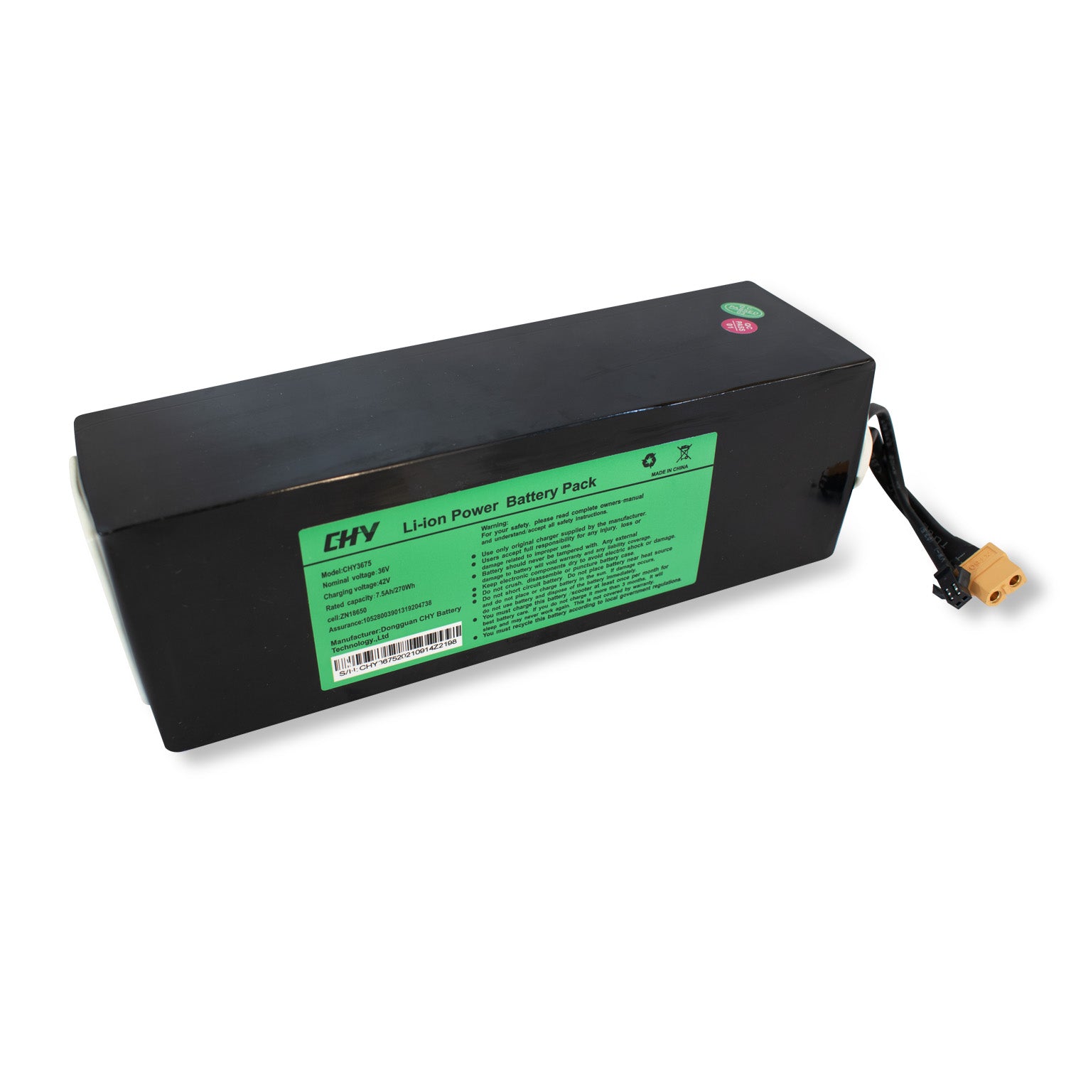 A black lithium battery pack with a label displaying information, and a connector cable attached.