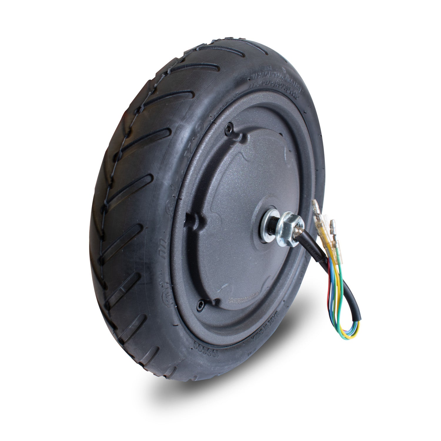 Replacement front drive wheel for the Swift Plus Electric Scooter, showing the wheel attached to the scooter's motor and wiring.