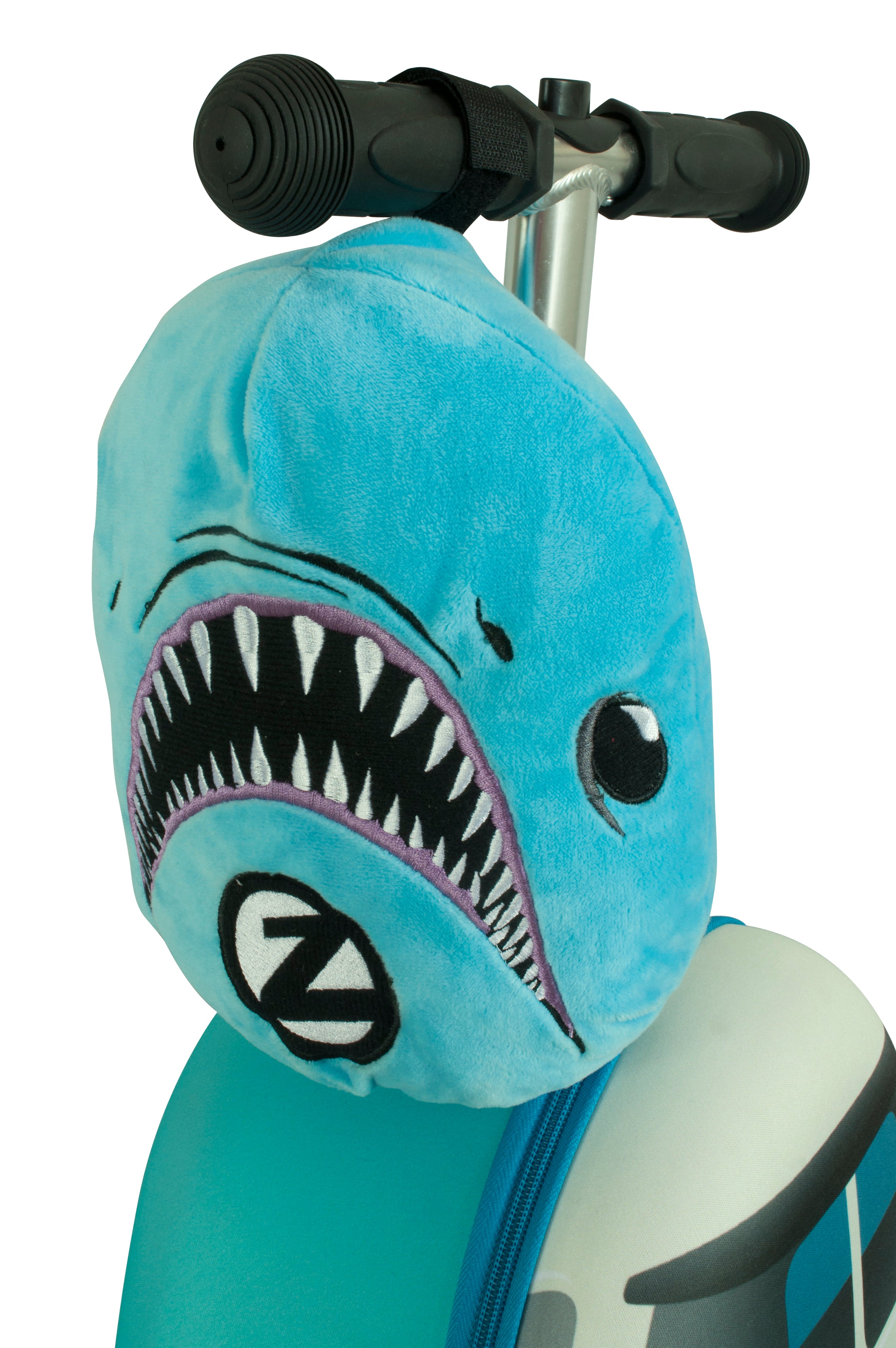 Zinc Flyte Plush Backpack Snapper the Shark front view showing detailed shark face design and quality construction