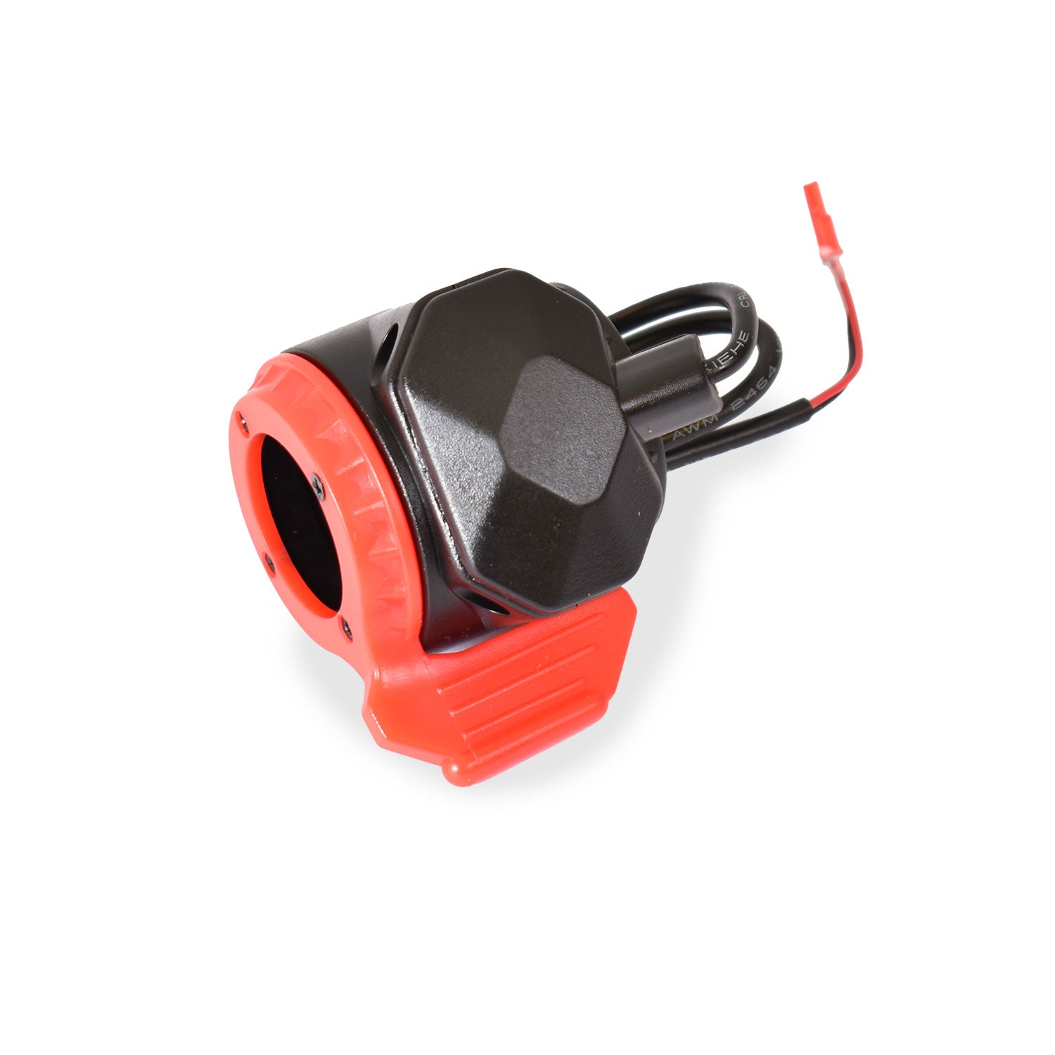 A black and red zinc flex folding scooter brake with a wire attached