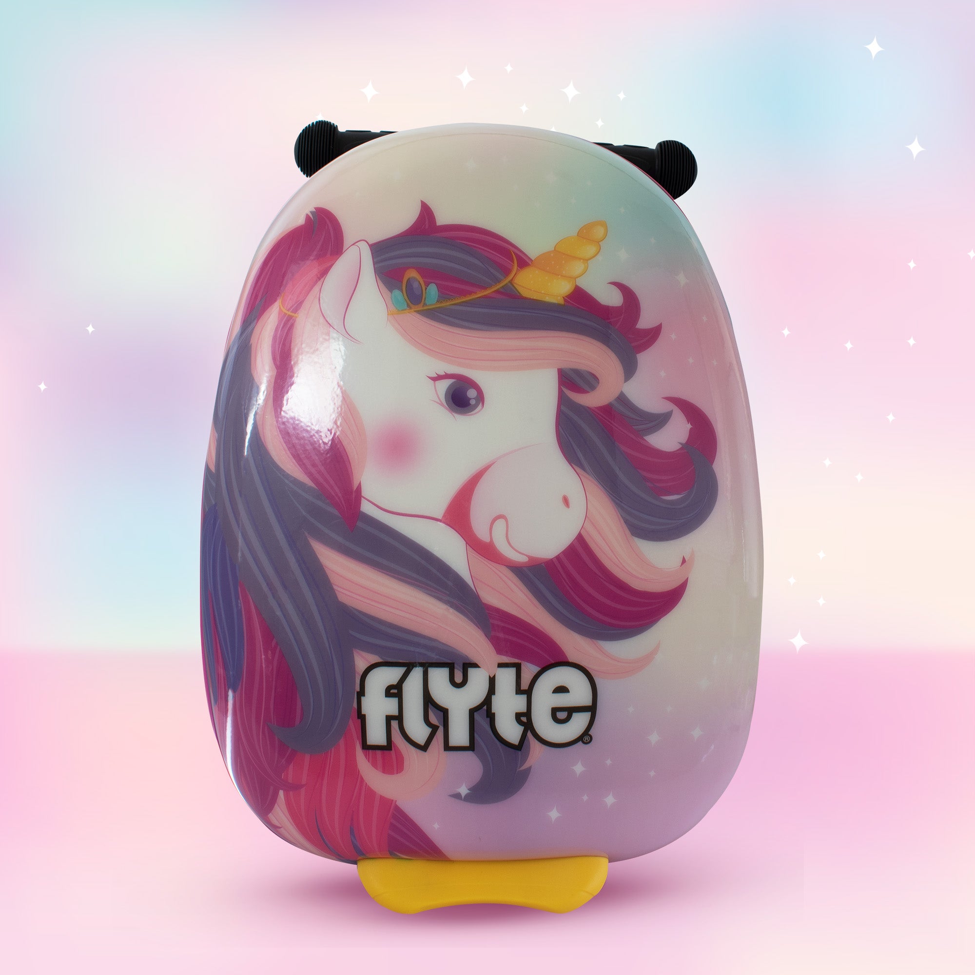 Front view of Luna Unicorn scooter suitcase showing magical unicorn artwork and rainbow design details