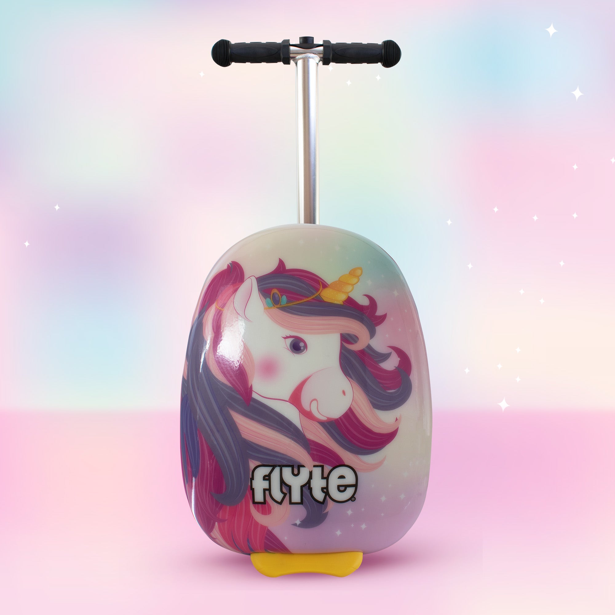 Luna Unicorn scooter suitcase telescopic handle extended for easy pulling and manoeuvring