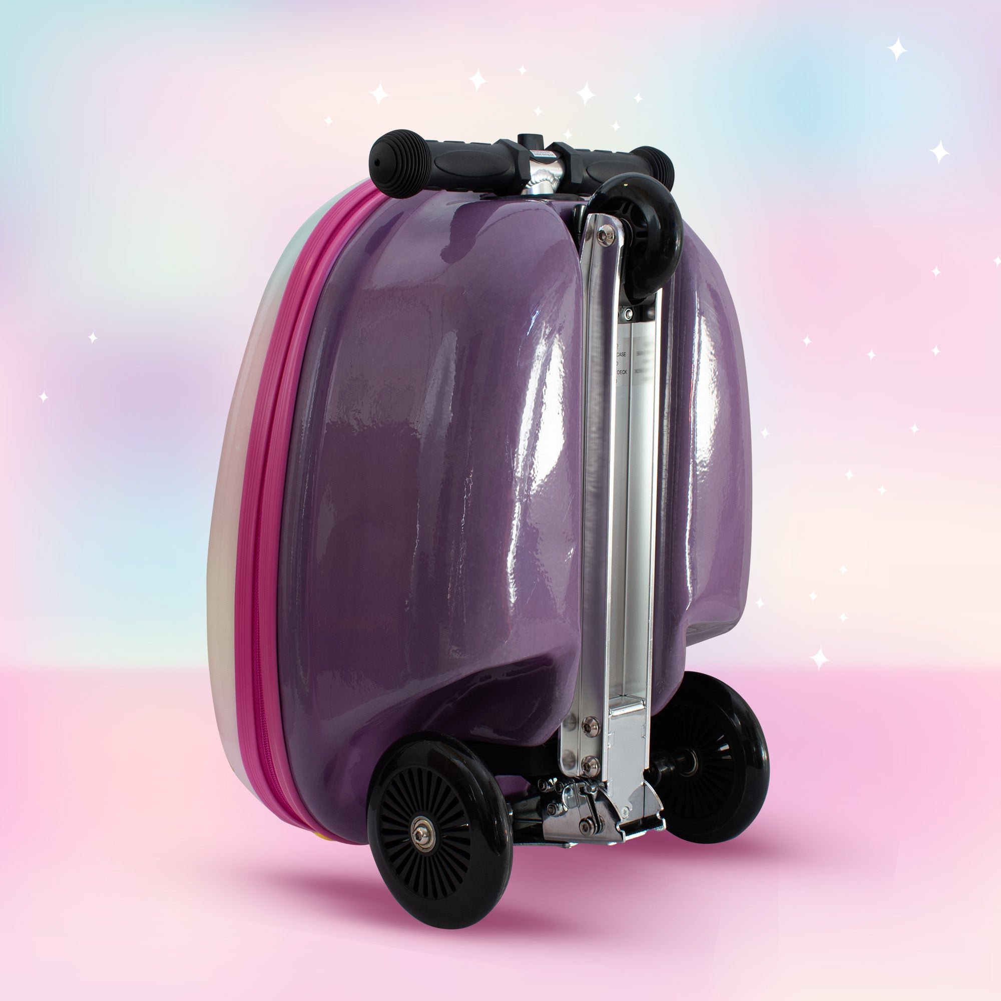 Rear view of Luna Unicorn scooter suitcase showing durable wheels and compact folded design
